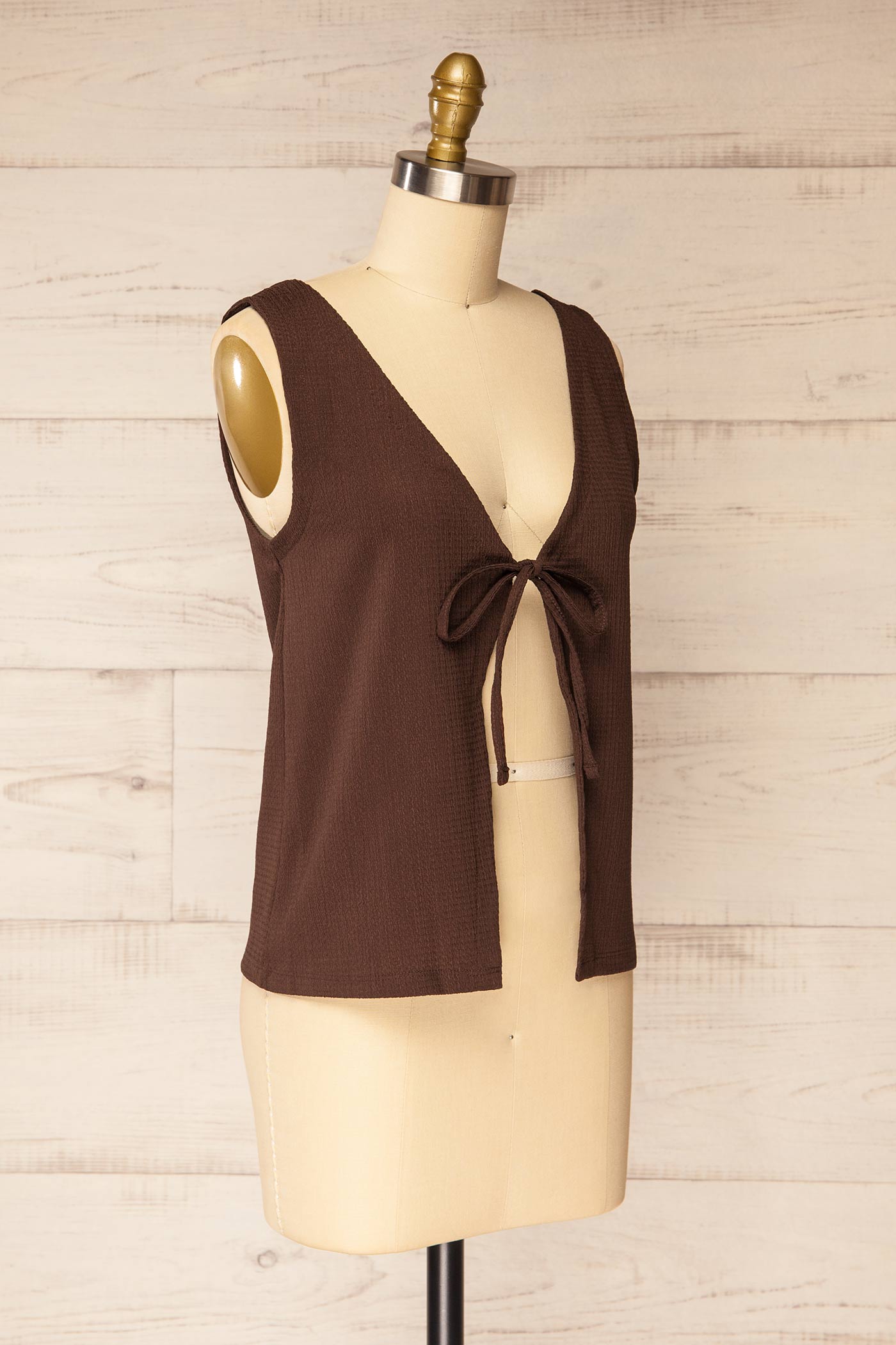 Profile view Kannur Brown Textured Tie-Front Sleeveless Top at boutique 1861