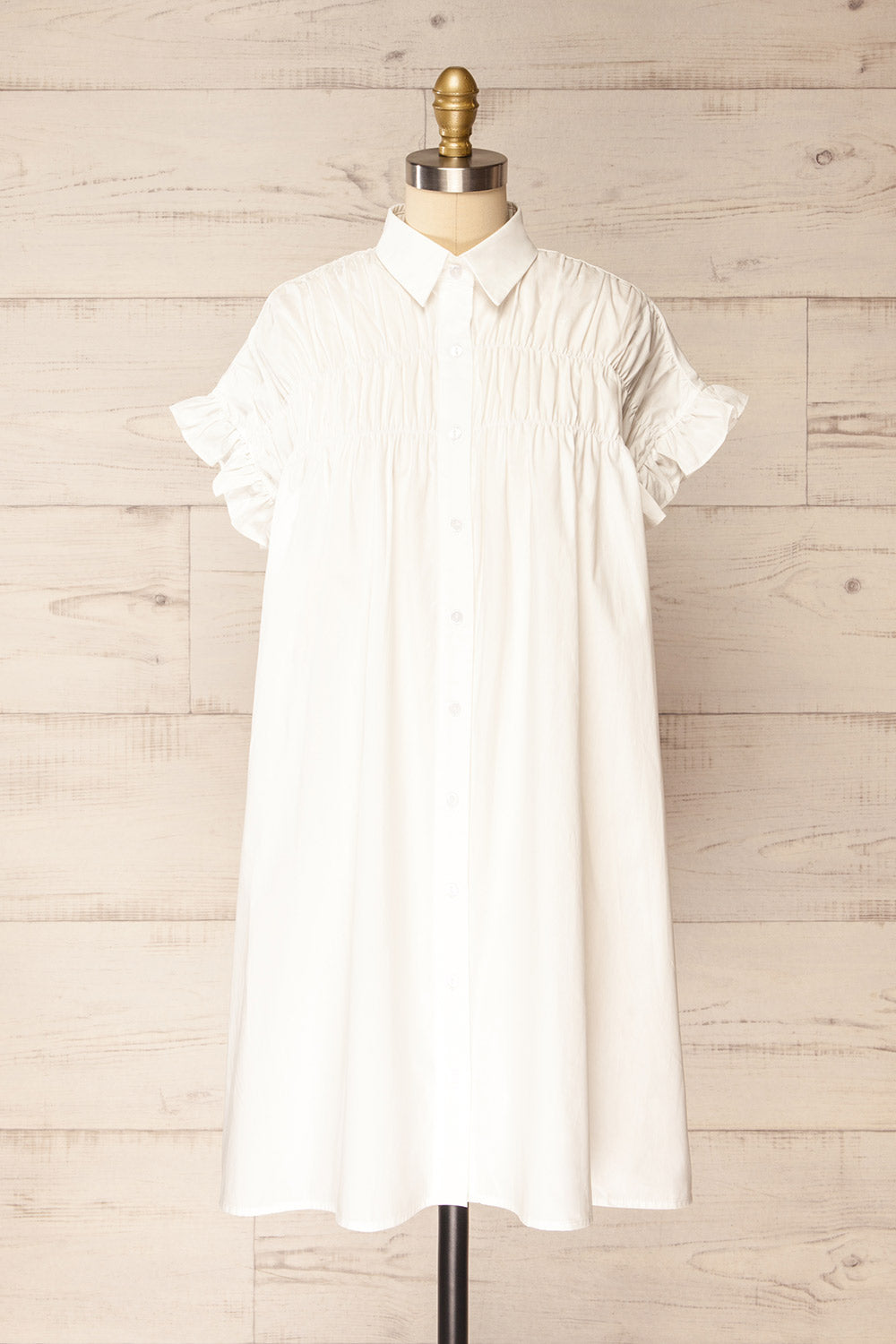 Kanso White Short Shirt Dress w/ Ruched Details | La petite garçonne front view
