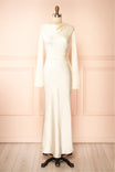 Karen Champagne Satin Backless Long Sleeve Maxi Dress | Boudoir 1861 front view