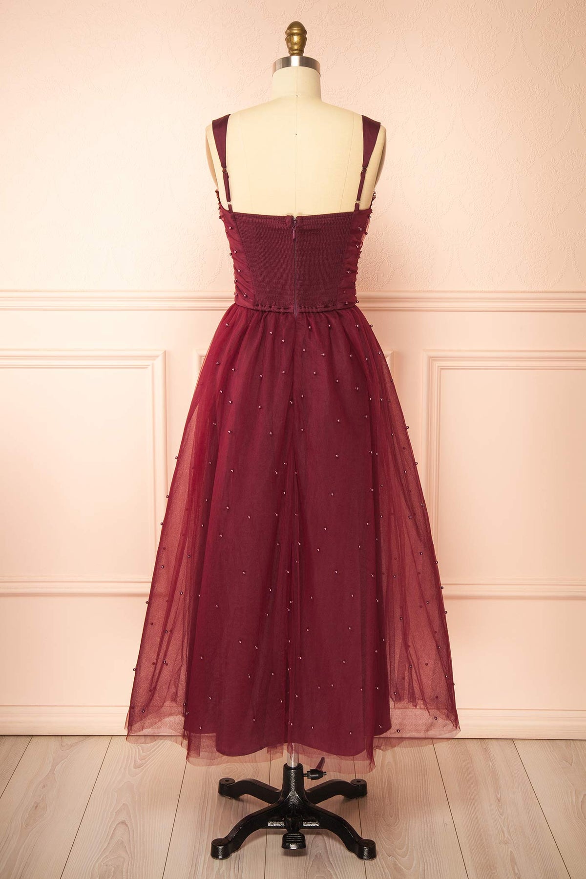 Back view of Kaska Burgundy Midi Tulle Dress with Pearls at Boutique 1861