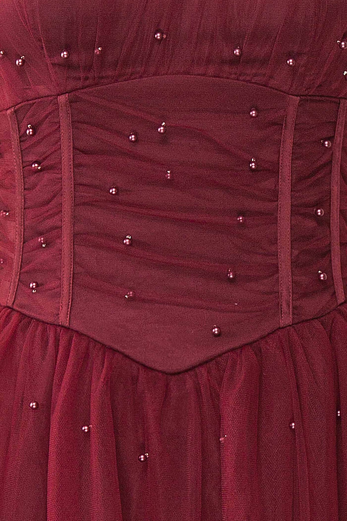 Kaska Burgundy | Midi Tulle Dress with Pearls