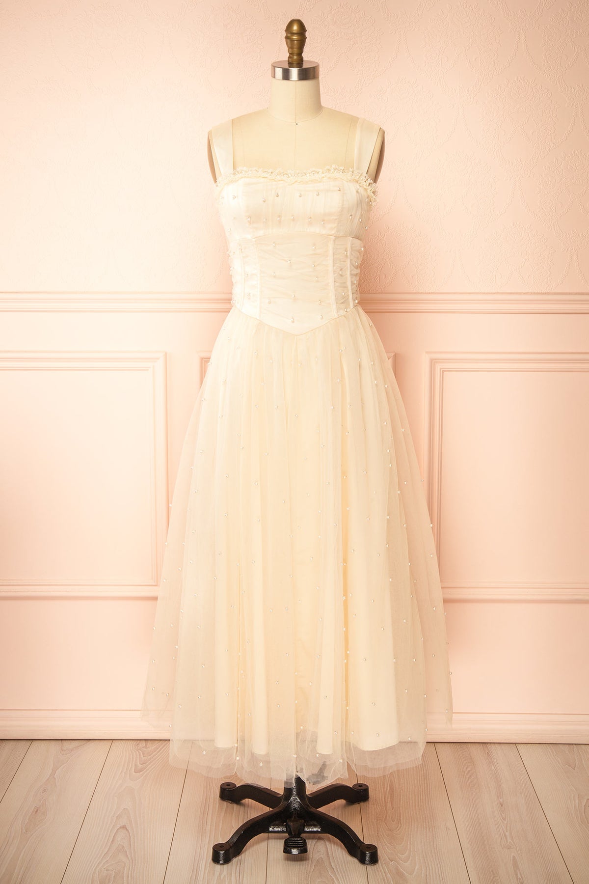 Front view of Kaska Ivory Midi Tulle Dress with Pearls at Boutique 1861
