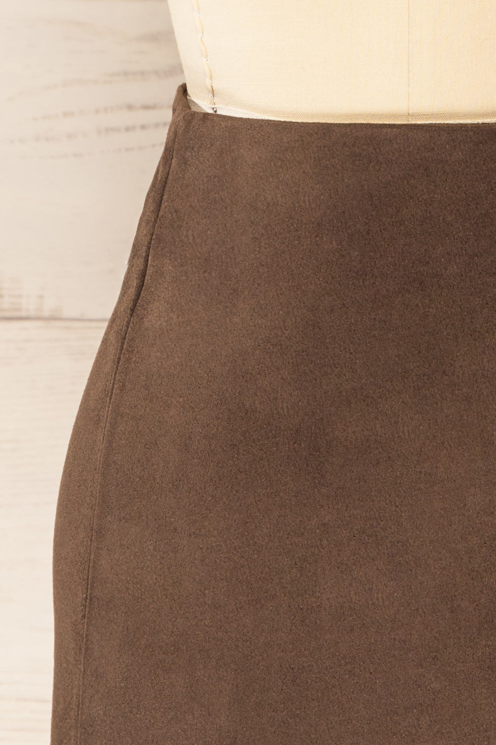 Kassala Faux Suede Mini Khaki Skirt | La petite garçonne back close-up