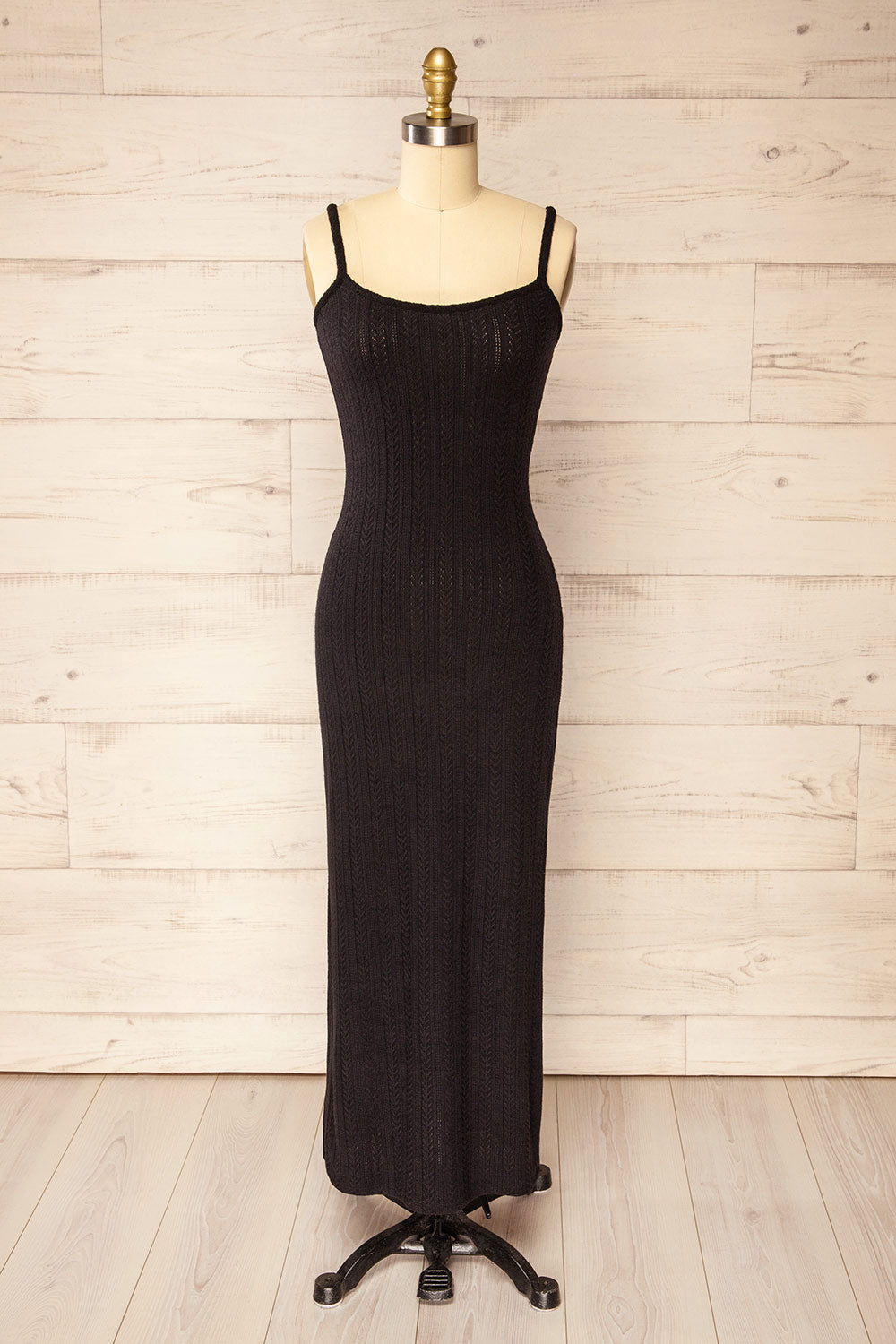 Katherine Black Knit Maxi Dress w/ Thin Straps | La petite garçonne front view