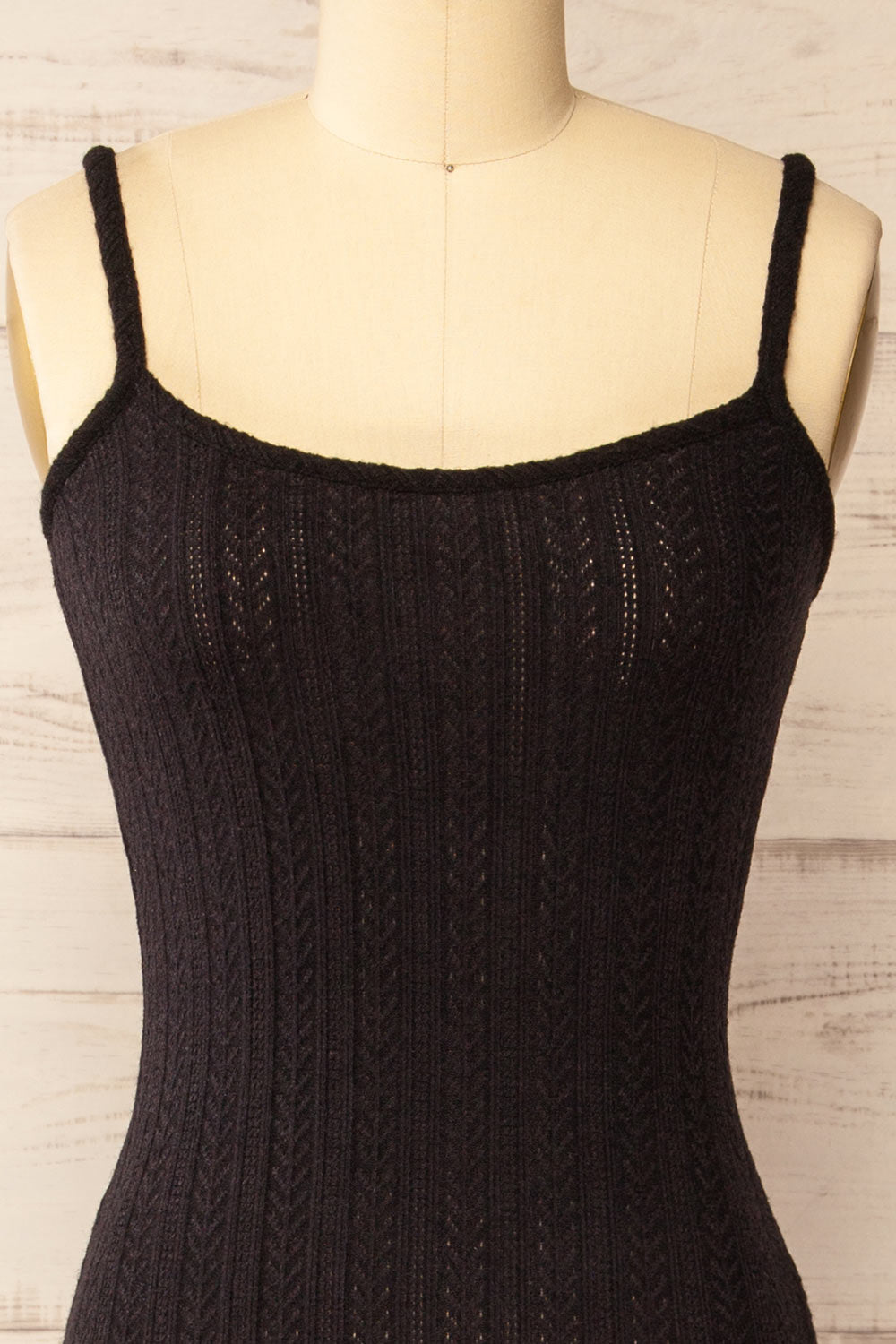 Katherine Black Knit Maxi Dress w/ Thin Straps | La petite garçonne front close-up