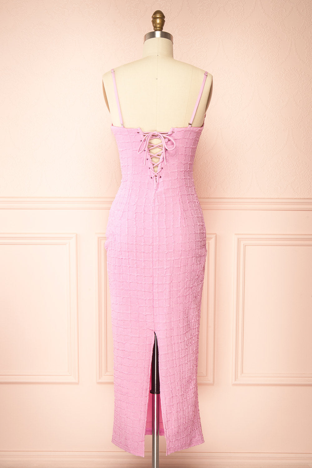 Kathia Pink Long Textured Fitted Dress | Boutique 1861 back view