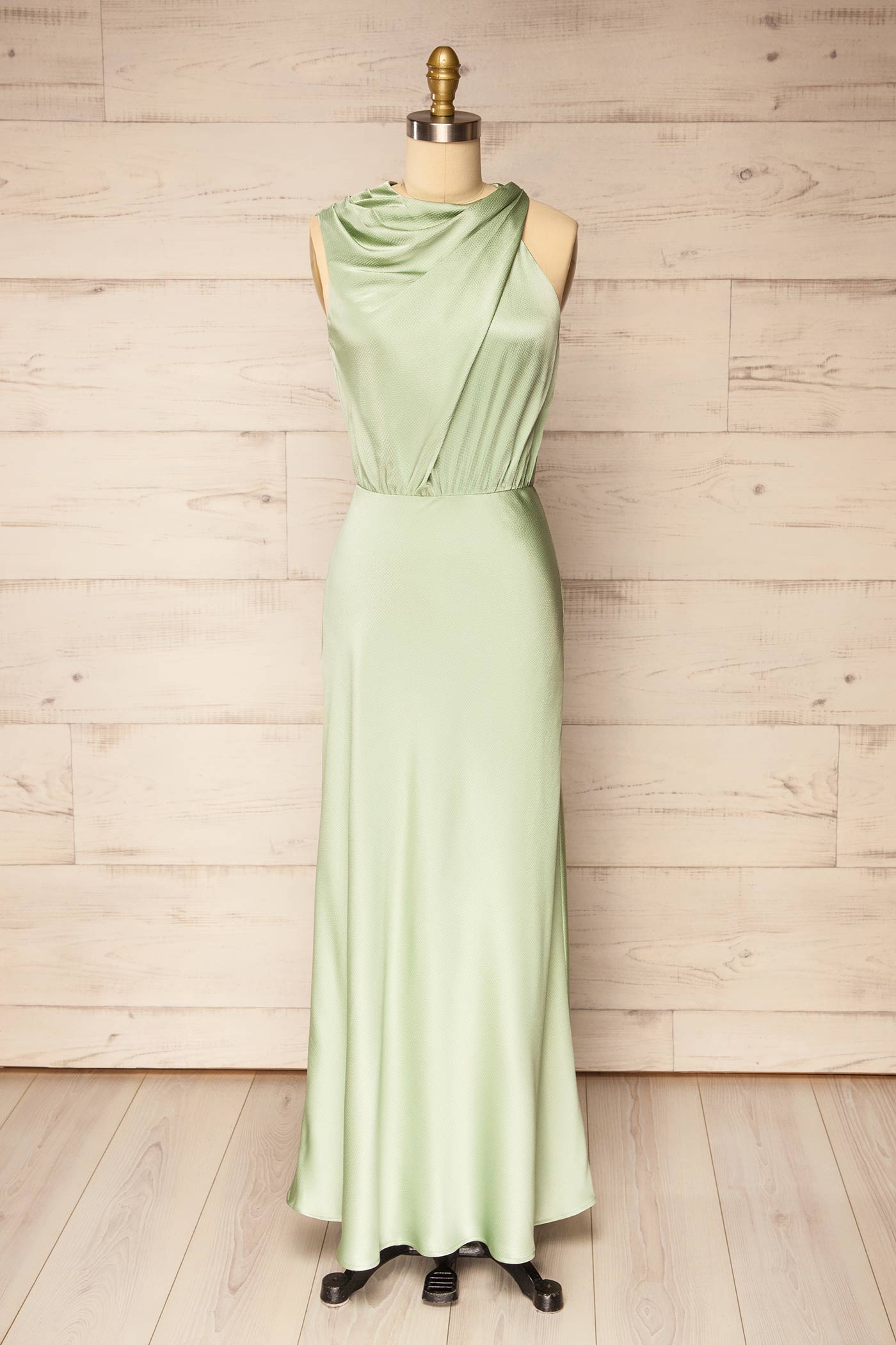 Katye | Draped High Neck Sage Satin Maxi Dress with Back Tie