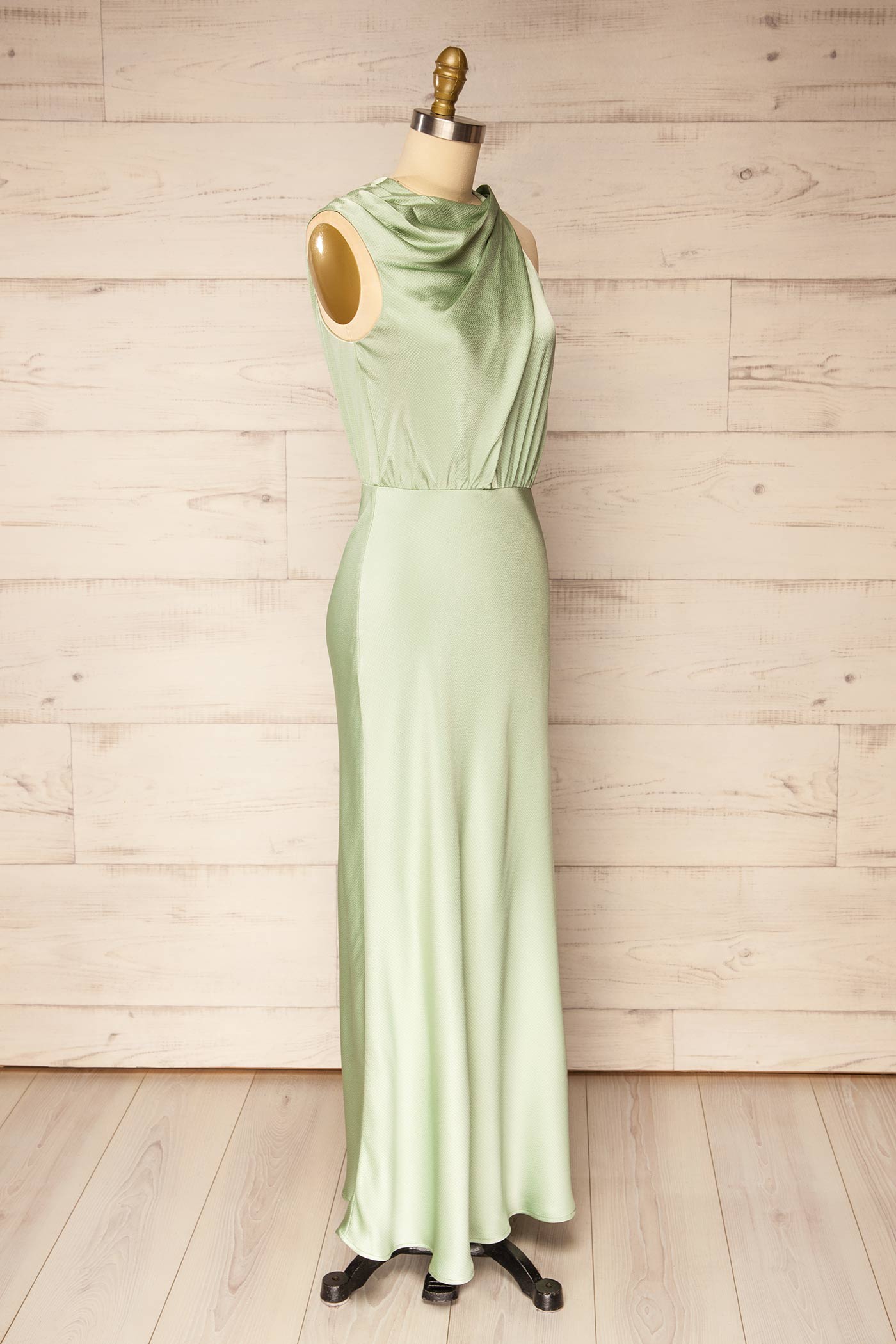 Katye | Draped High Neck Sage Satin Maxi Dress with Back Tie