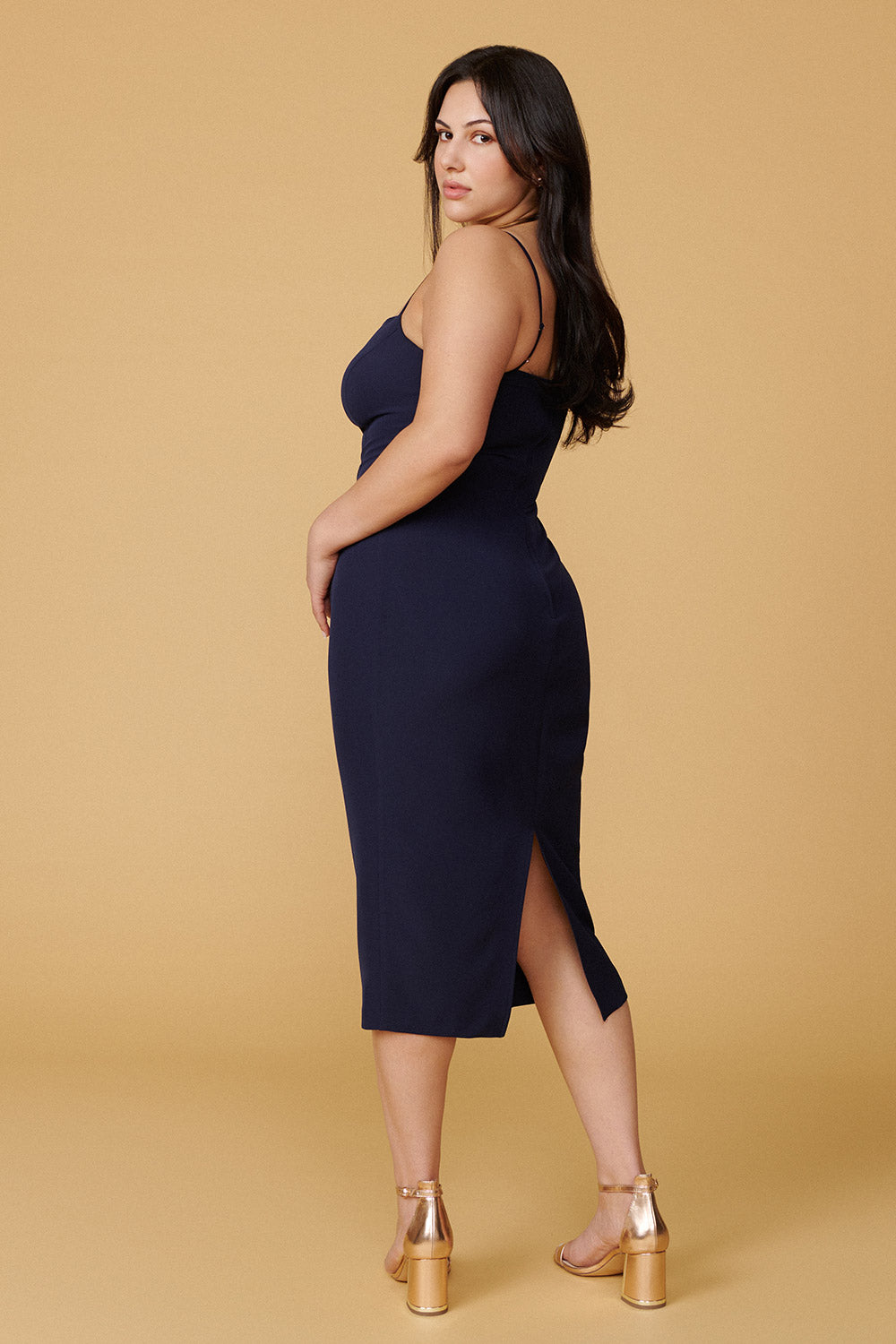 Kavala Navy Fitted Midi Dress | La petite garçonne back on model