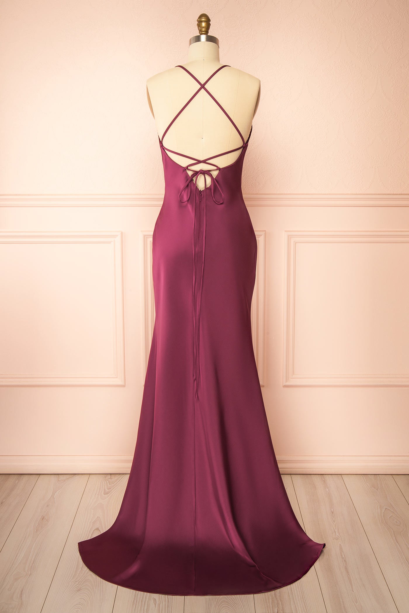 Backview Keelan Burgundy Cowl Maxi Dress with Open Back at boutique 1861