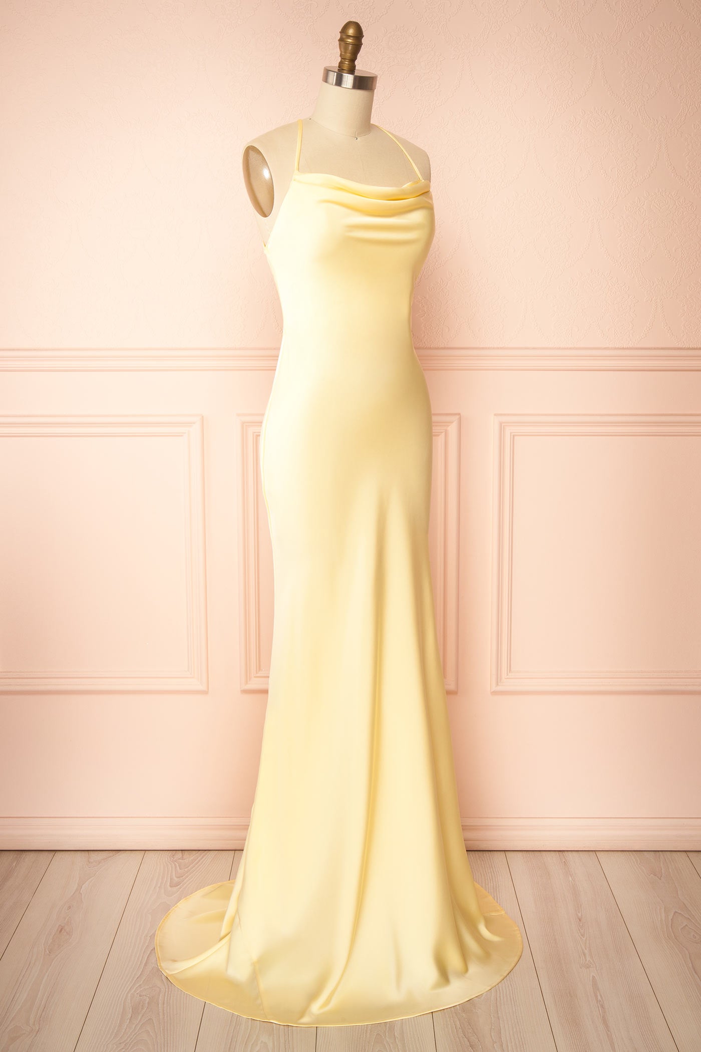 Sideview Keelan Light Yellow Cowl Maxi Dress with Open Back at la boutique 1861