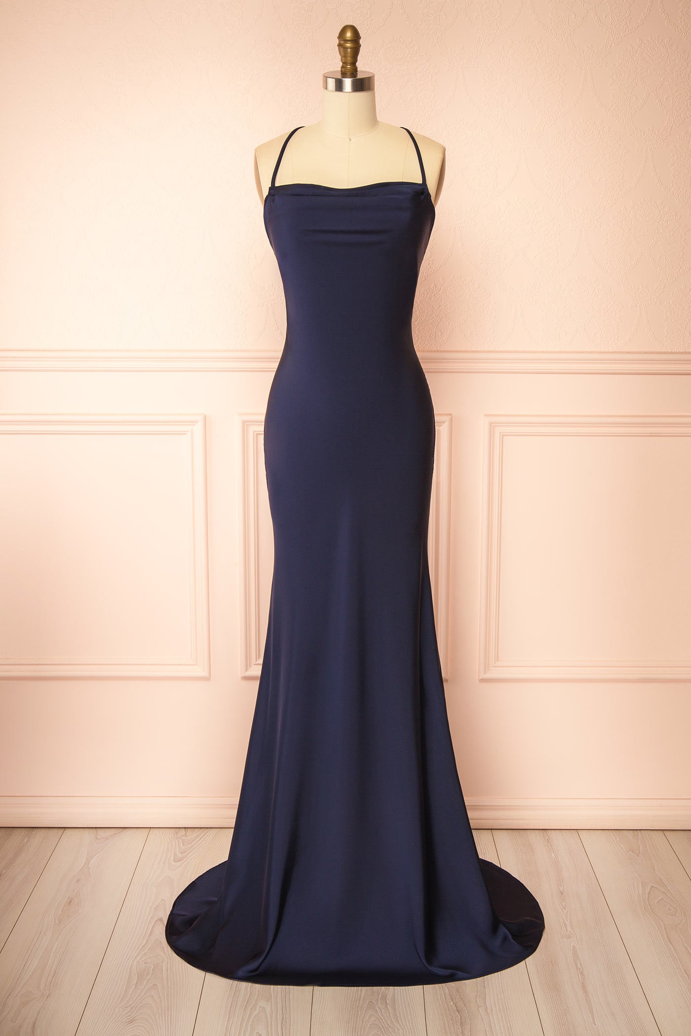 Keelan Navy Cowl Maxi Dress with Open Back | Boutique 1861 front