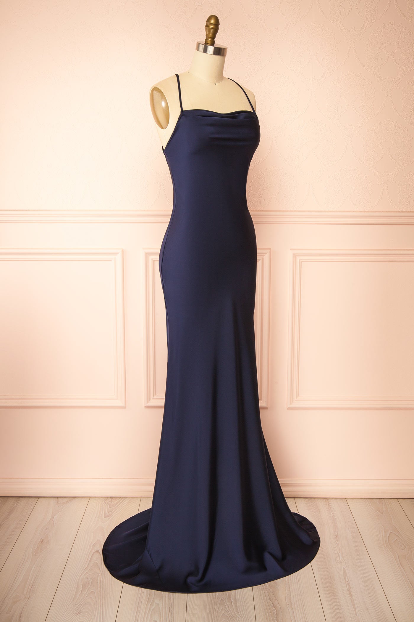 Keelan Navy Cowl Maxi Dress with Open Back | Boutique 1861 side