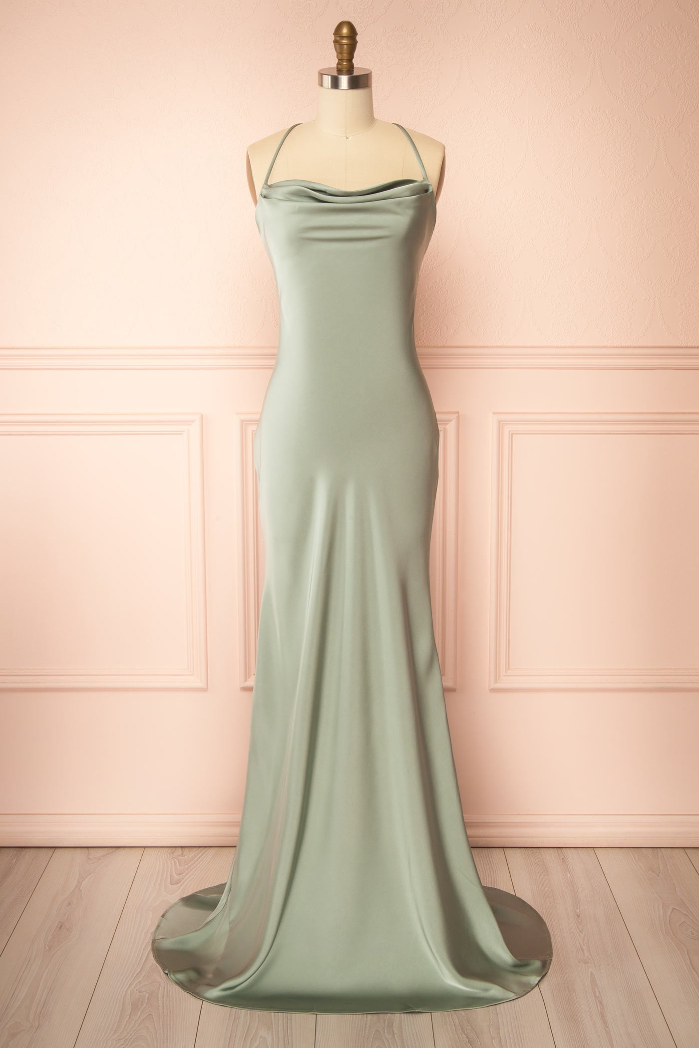 Frontview Keelan Sage Cowl Maxi Dress with Open Back at la boutique 1861