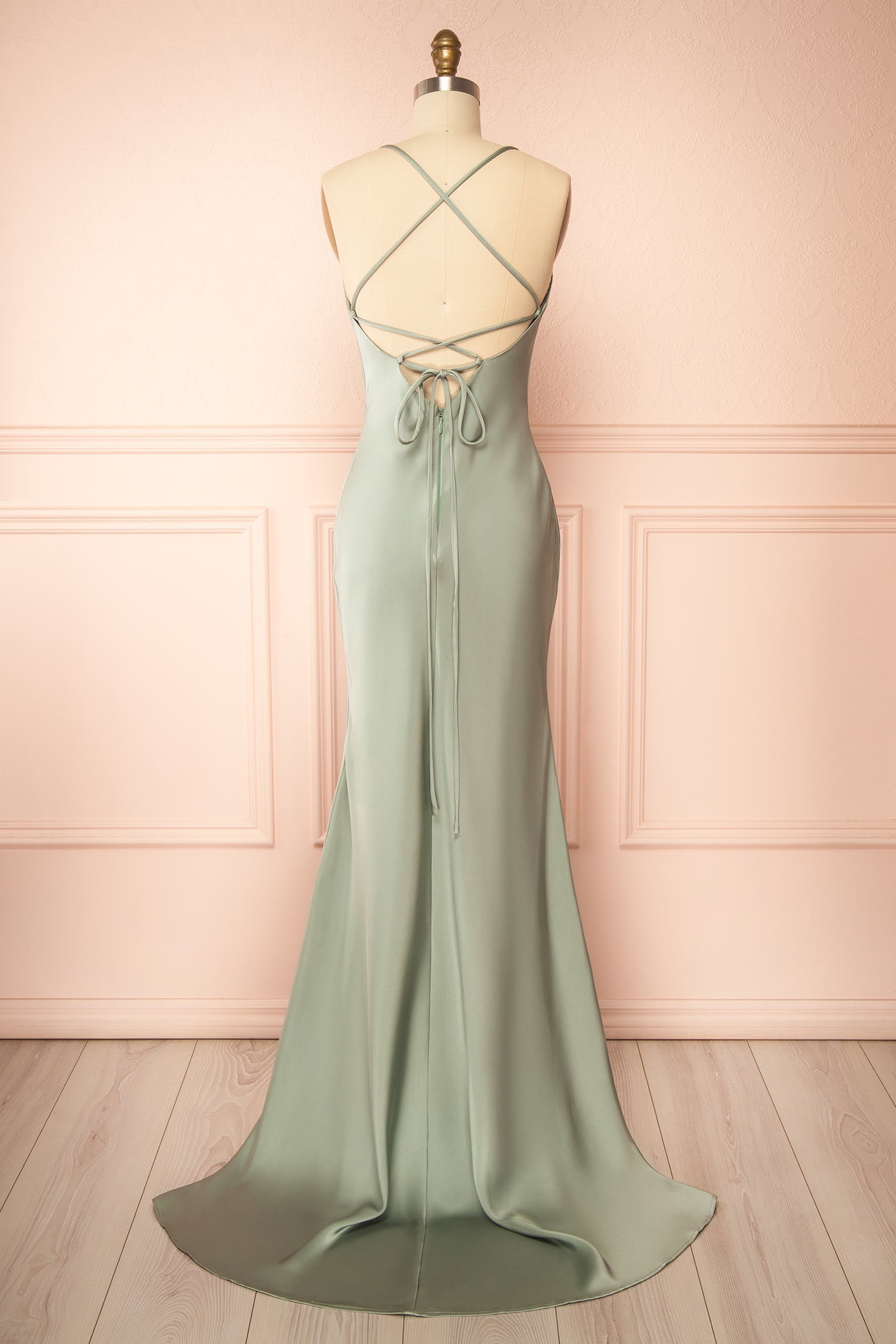Backview Keelan Sage Cowl Maxi Dress with Open Back at la boutique 1861