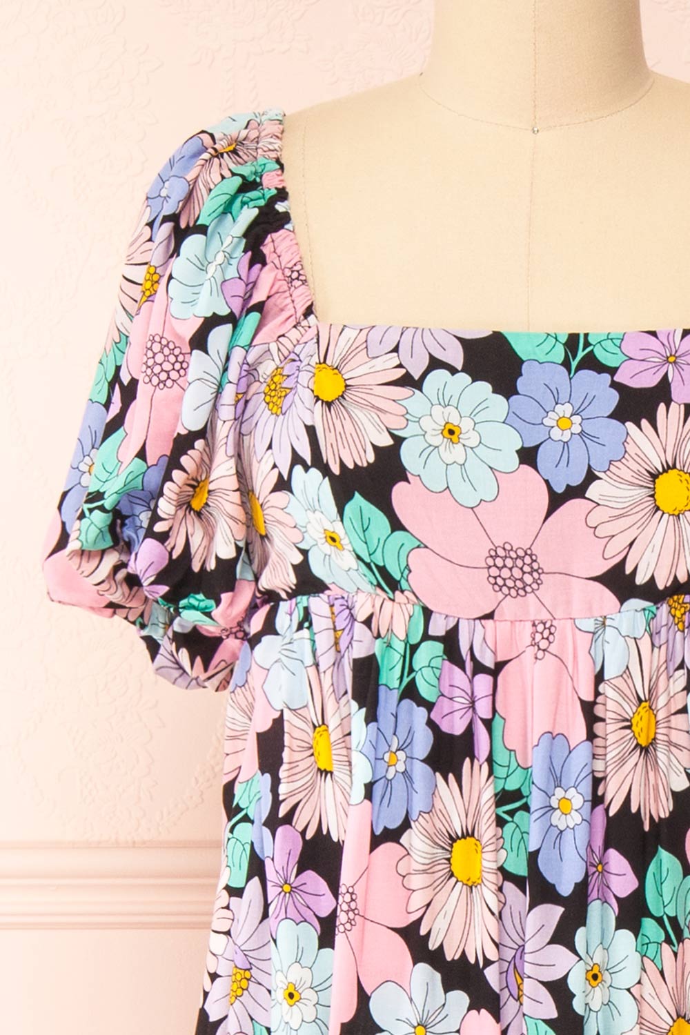 Kelani Floral Midi Dress w/ Empire Waist | Boutique 1861 front close-up