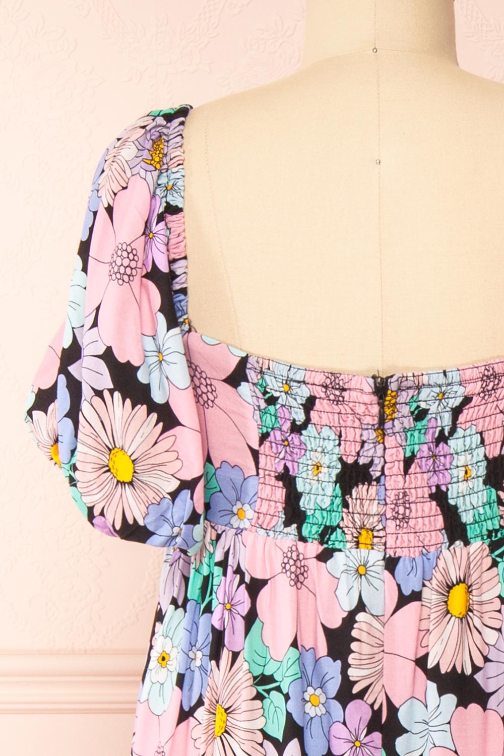 Kelani Floral Midi Dress w/ Empire Waist | Boutique 1861 back close-up