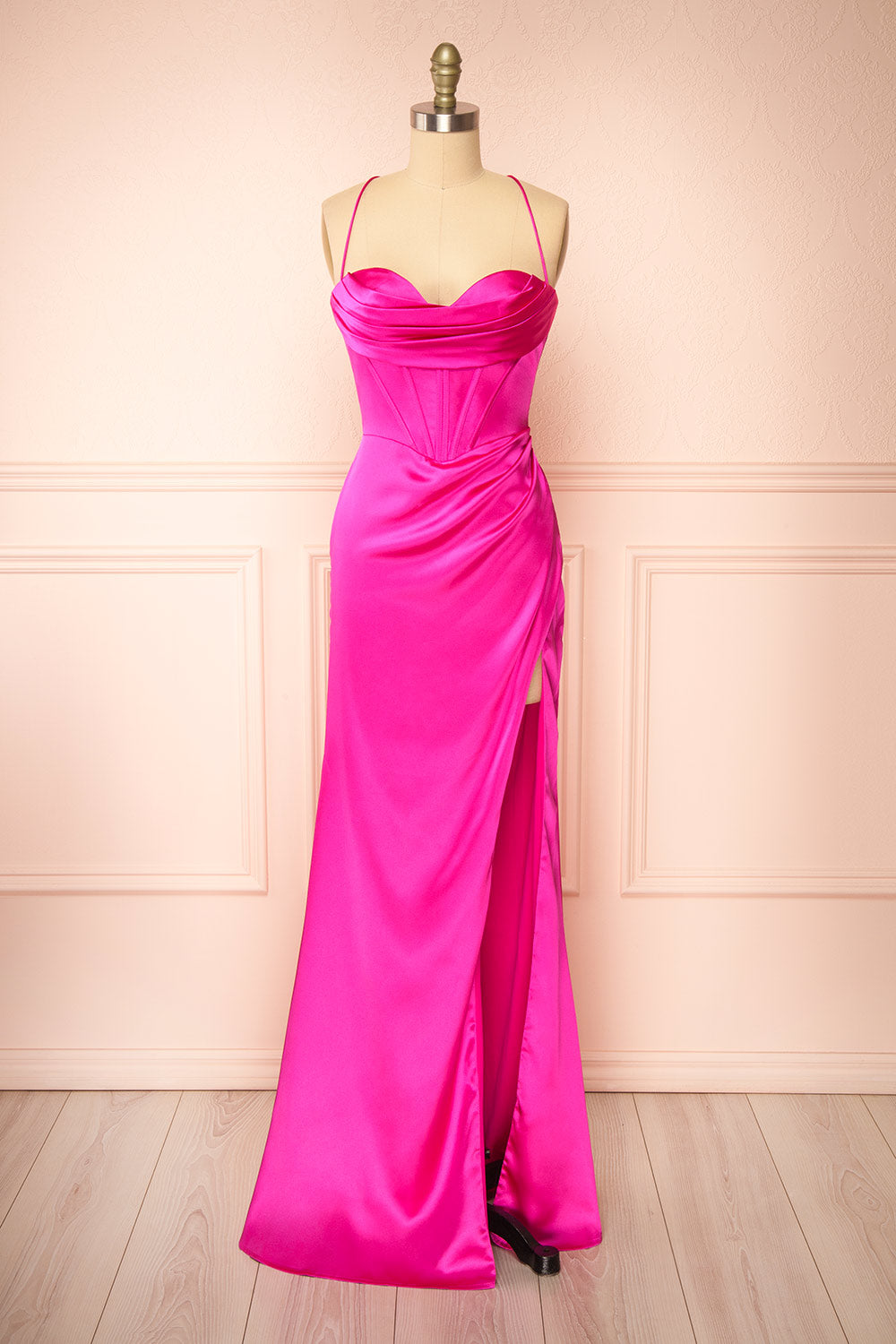 Kesha Fuchsia Corset Cowl Neck Maxi Dress | Boutique 1861 front view