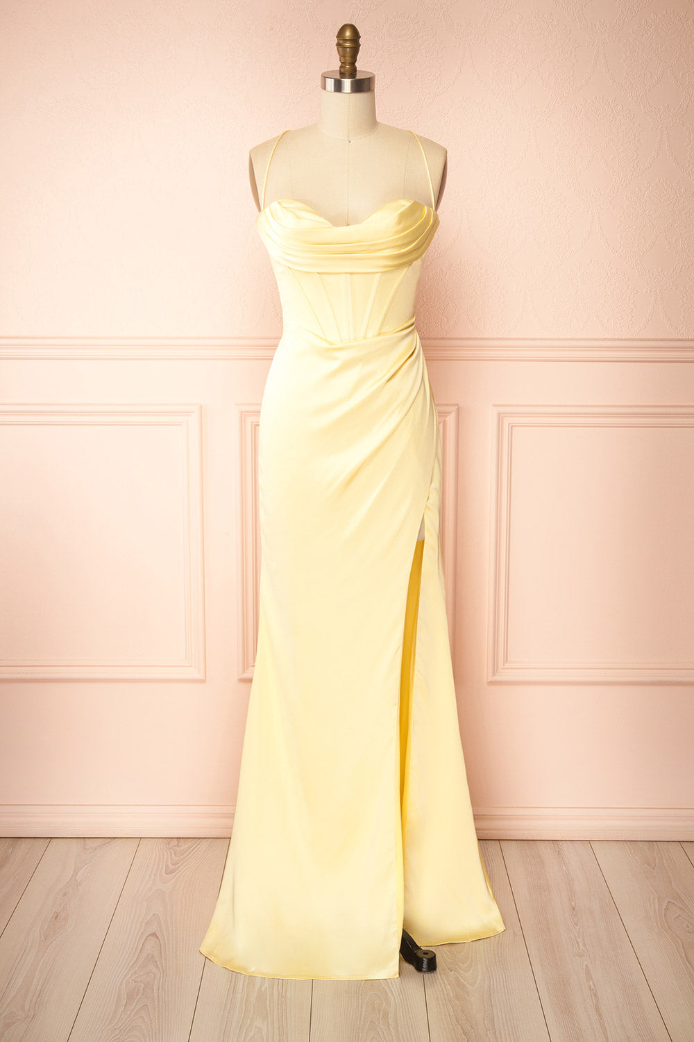 front view of sewing mannequin wearing Kesha Light Yellow Corset Cowl Neck Maxi Dress | Boutique 1861