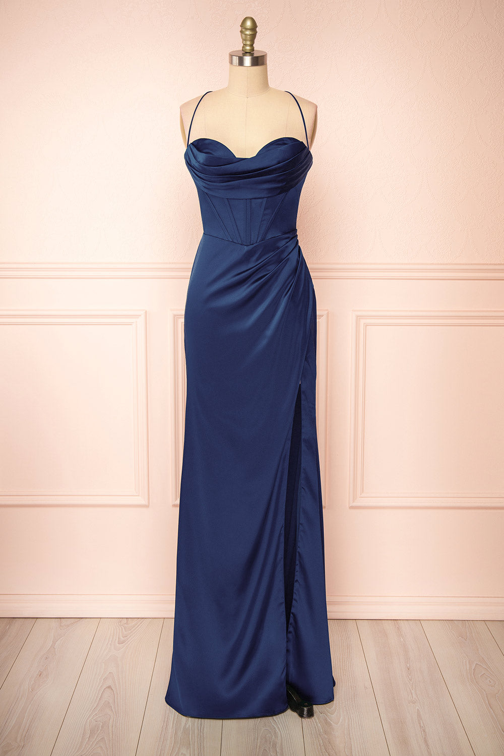 Kesha Navy Corset Cowl Neck Maxi Dress | Boutique 1861 front view