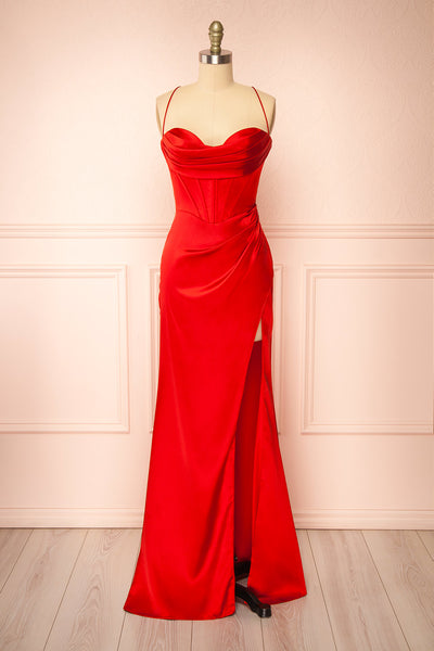 Kesha Red Corset Cowl Neck Maxi Dress | Boutique 1861 front view