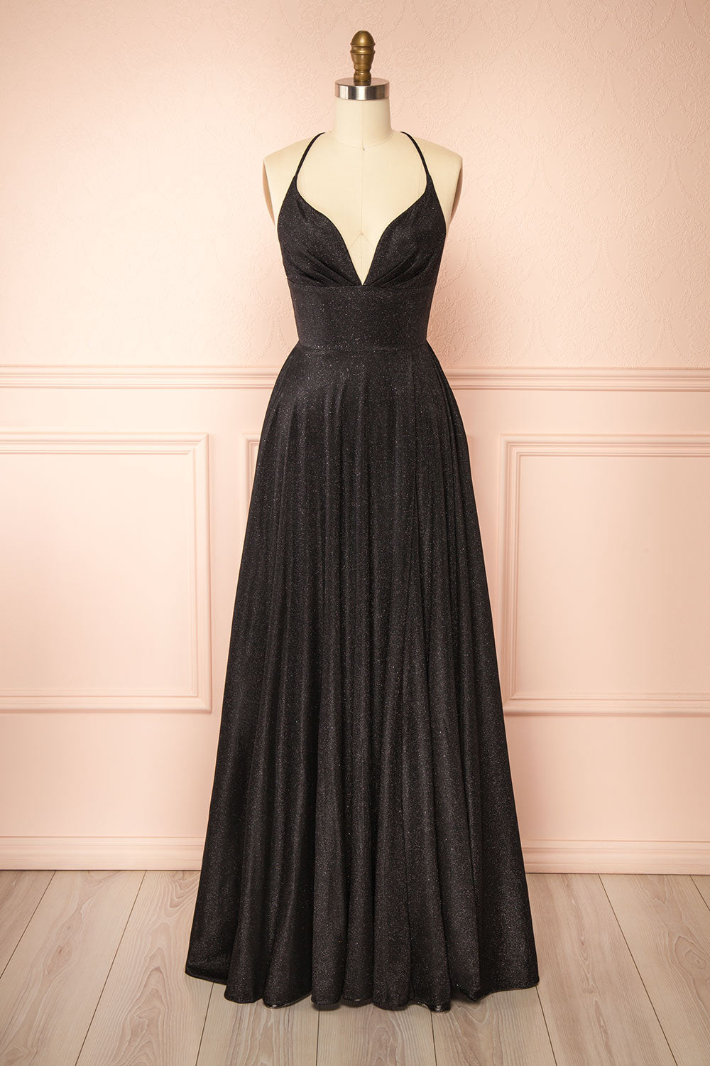 vintage black polka dot dress Sparkly V Neck Bridesmaid Maxi Dress In Black – FS Collection (London)