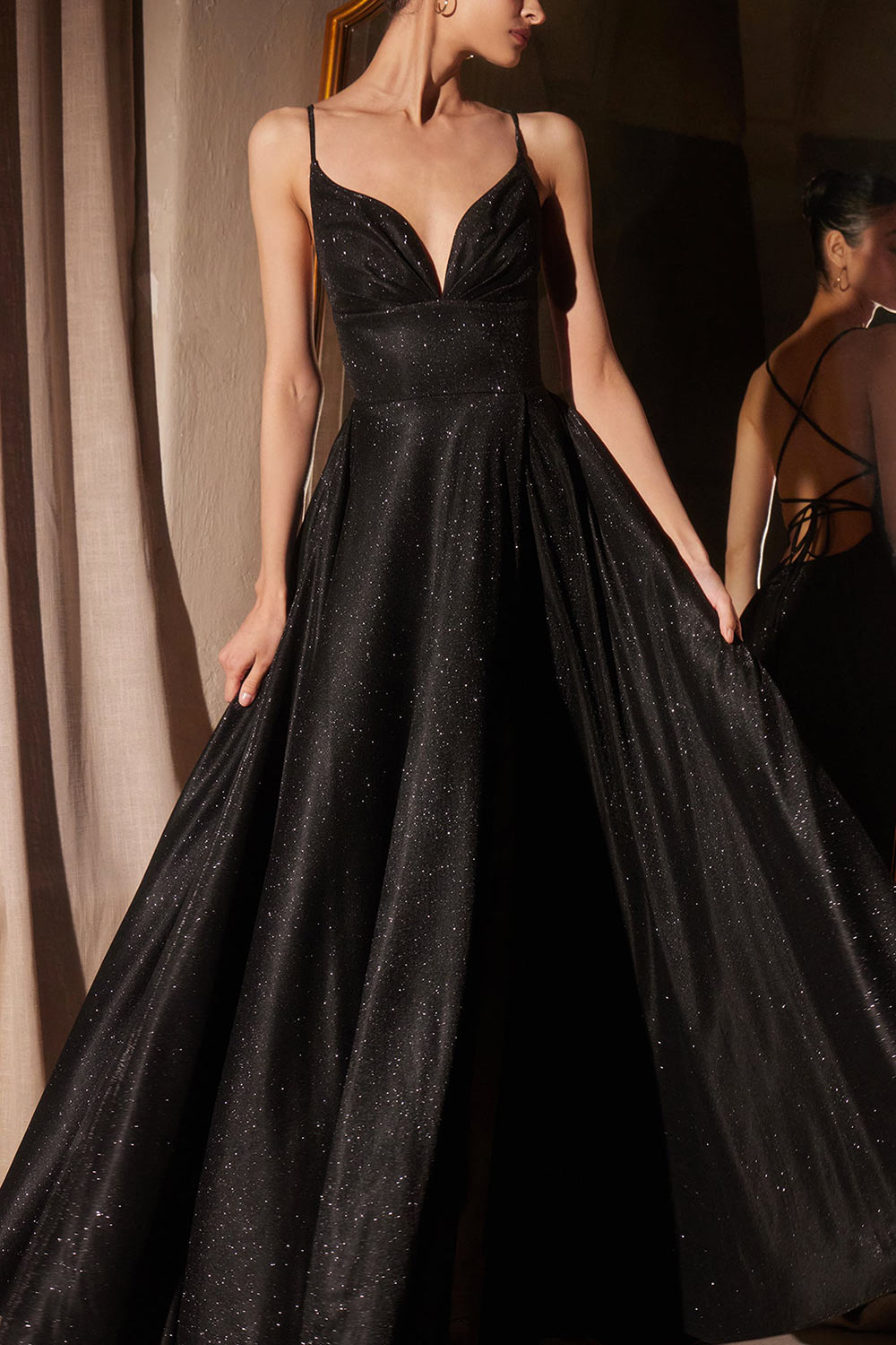 Ketia Black Sparkly Maxi Dress w/ V-Neckline | Boutique 1861 model