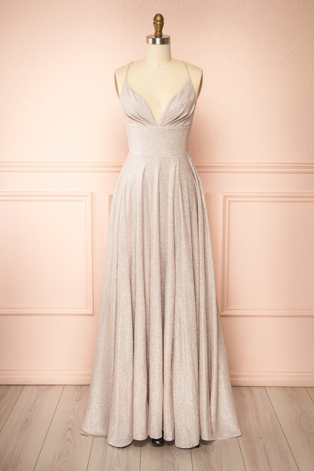 Ketia Champagne Sparkly Maxi Dress w/ V-Neckline | Boutique 1861