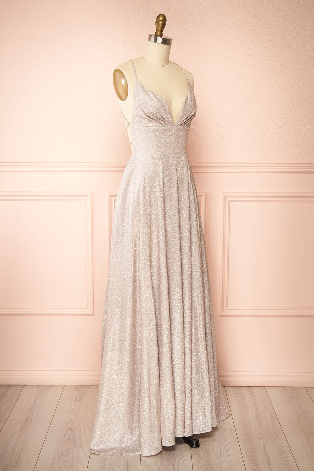 Ketia Champagne Sparkly Maxi Dress w/ V-Neckline | Boutique 1861 side view