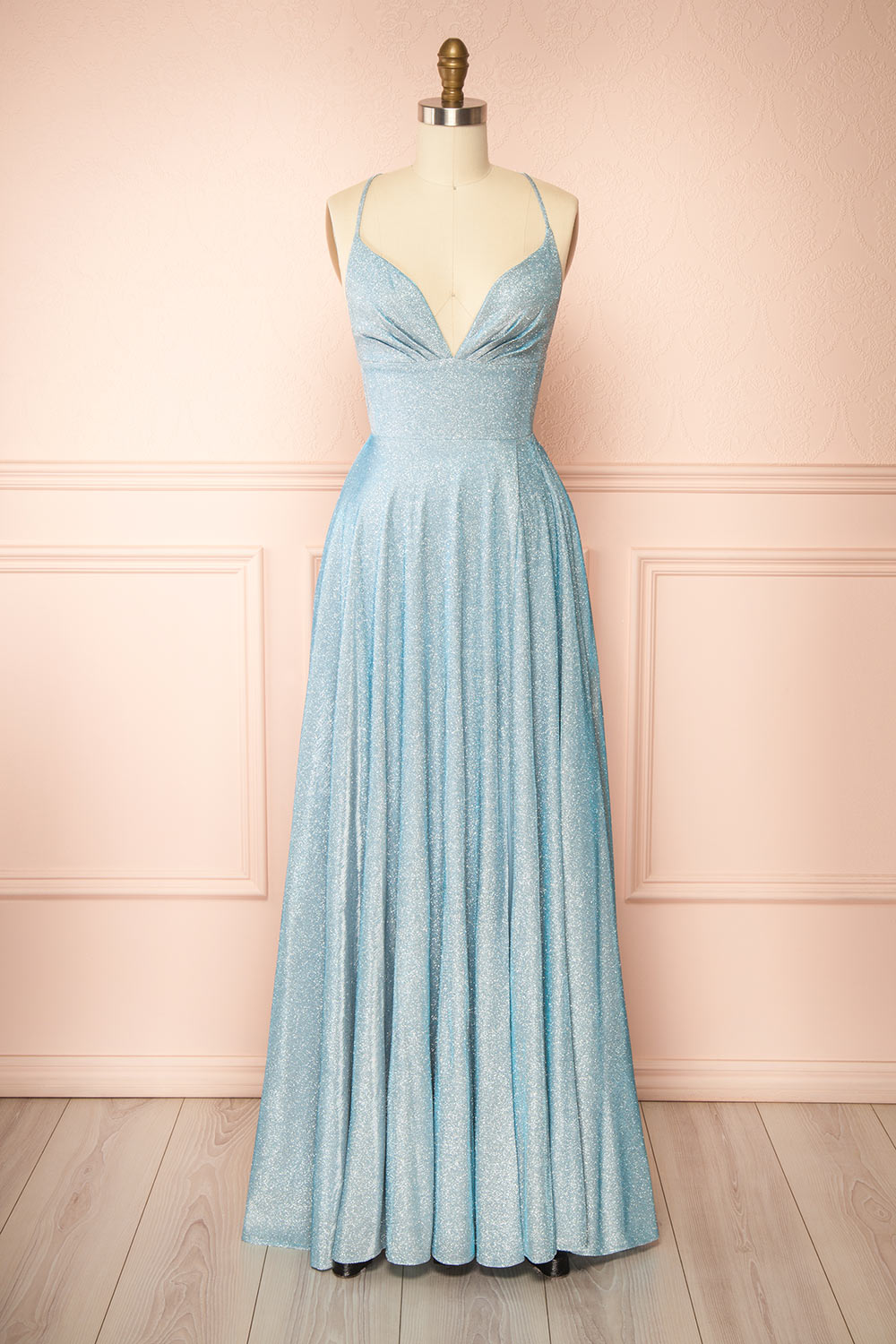 Ketia Light Blue Sparkly Maxi Dress w/ V-Neckline | Boutique 1861 Ketia Light Blue Sparkly Maxi Dress w/ V-Neckline | Boutique 1861