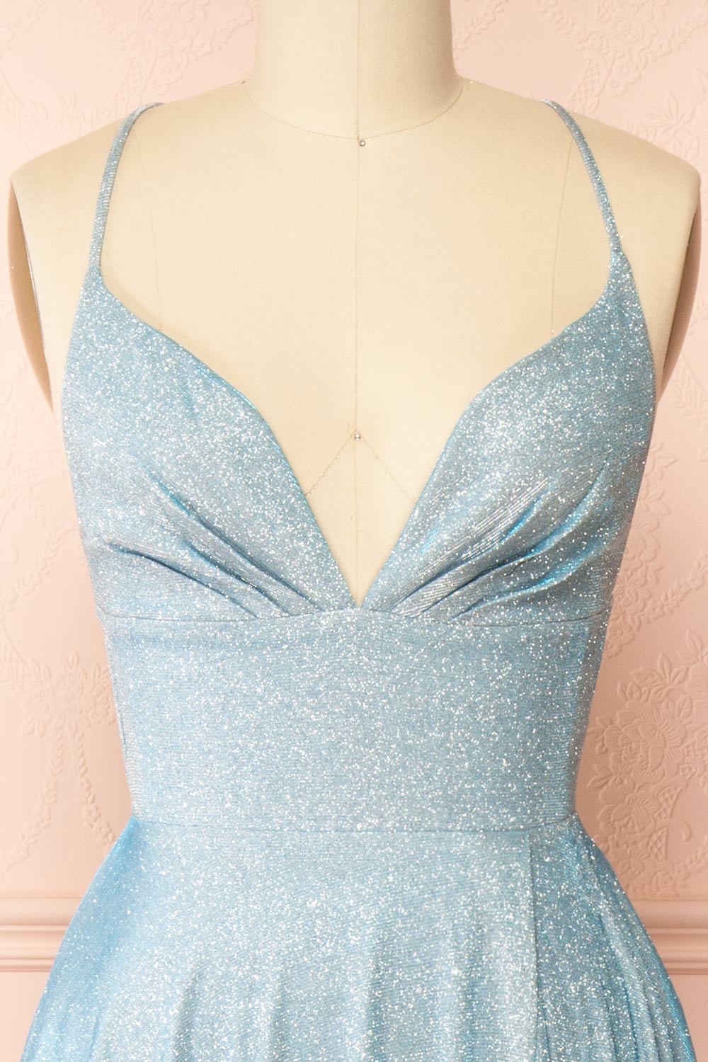 Ketia Light Blue Sparkly Maxi Dress w/ V-Neckline | Boutique 1861 front