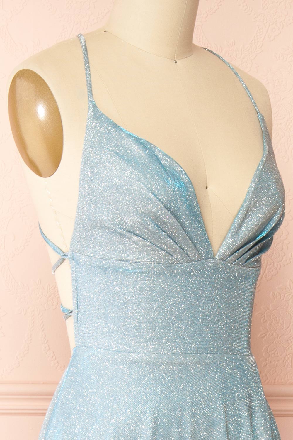 Ketia Light Blue Sparkly Maxi Dress w/ V-Neckline | Boutique 1861 side