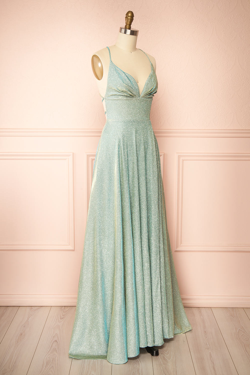 Ketia Mint Sparkly Maxi Dress w/ V-Neckline | Boutique 1861 side view