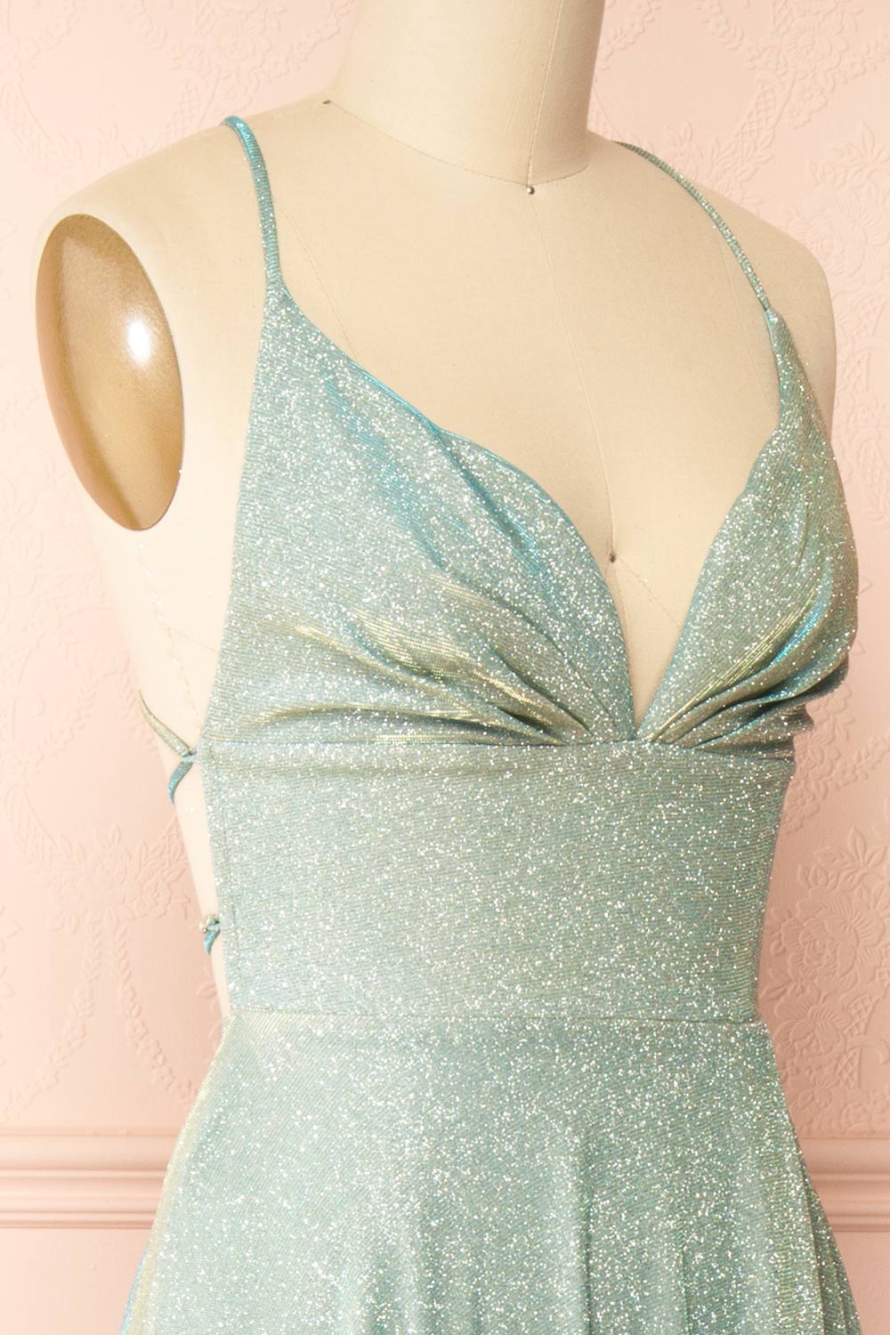 Ketia Mint Sparkly Maxi Dress w/ V-Neckline | Boutique 1861 side