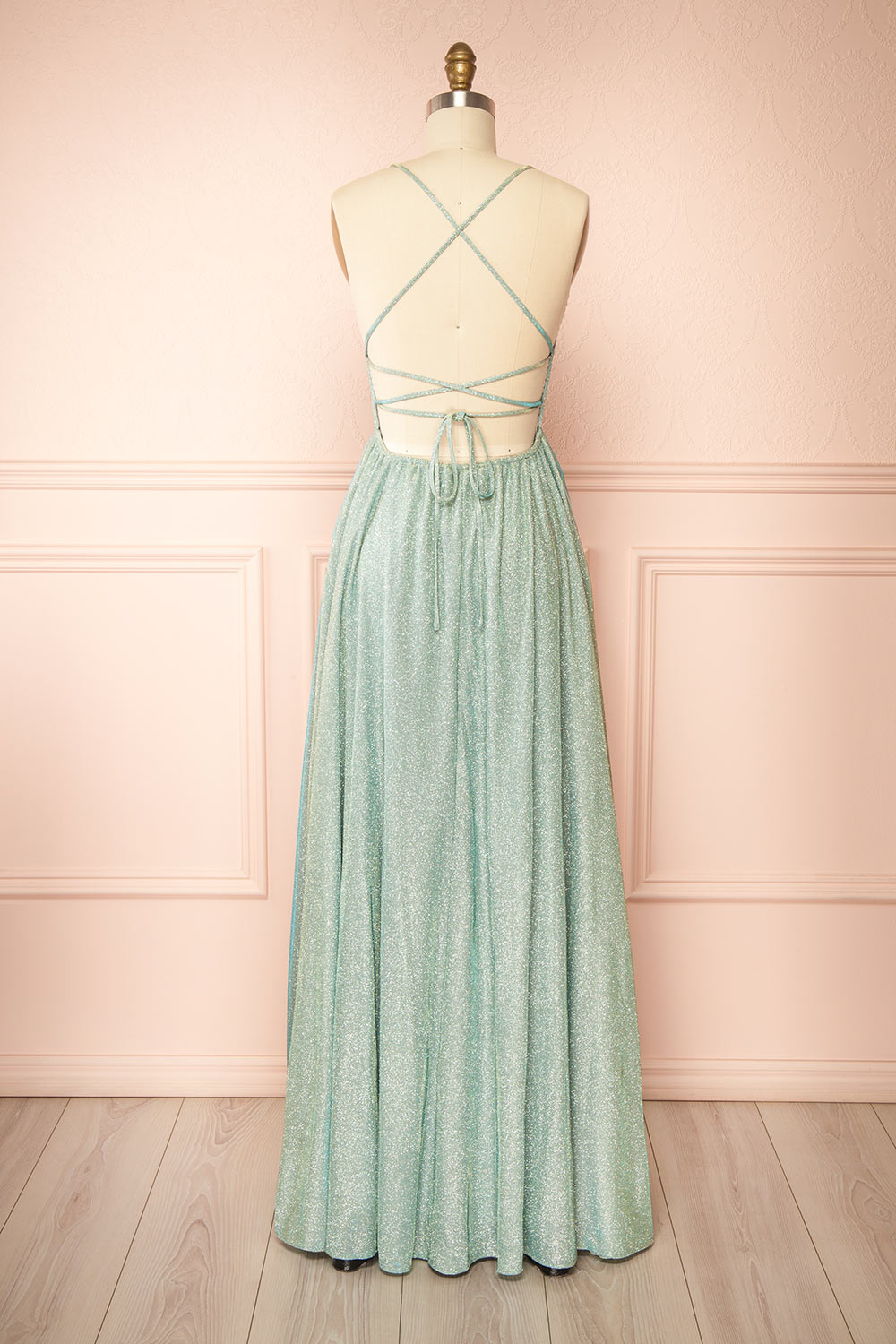 Ketia Mint Sparkly Maxi Dress w/ V-Neckline | Boutique 1861 back view