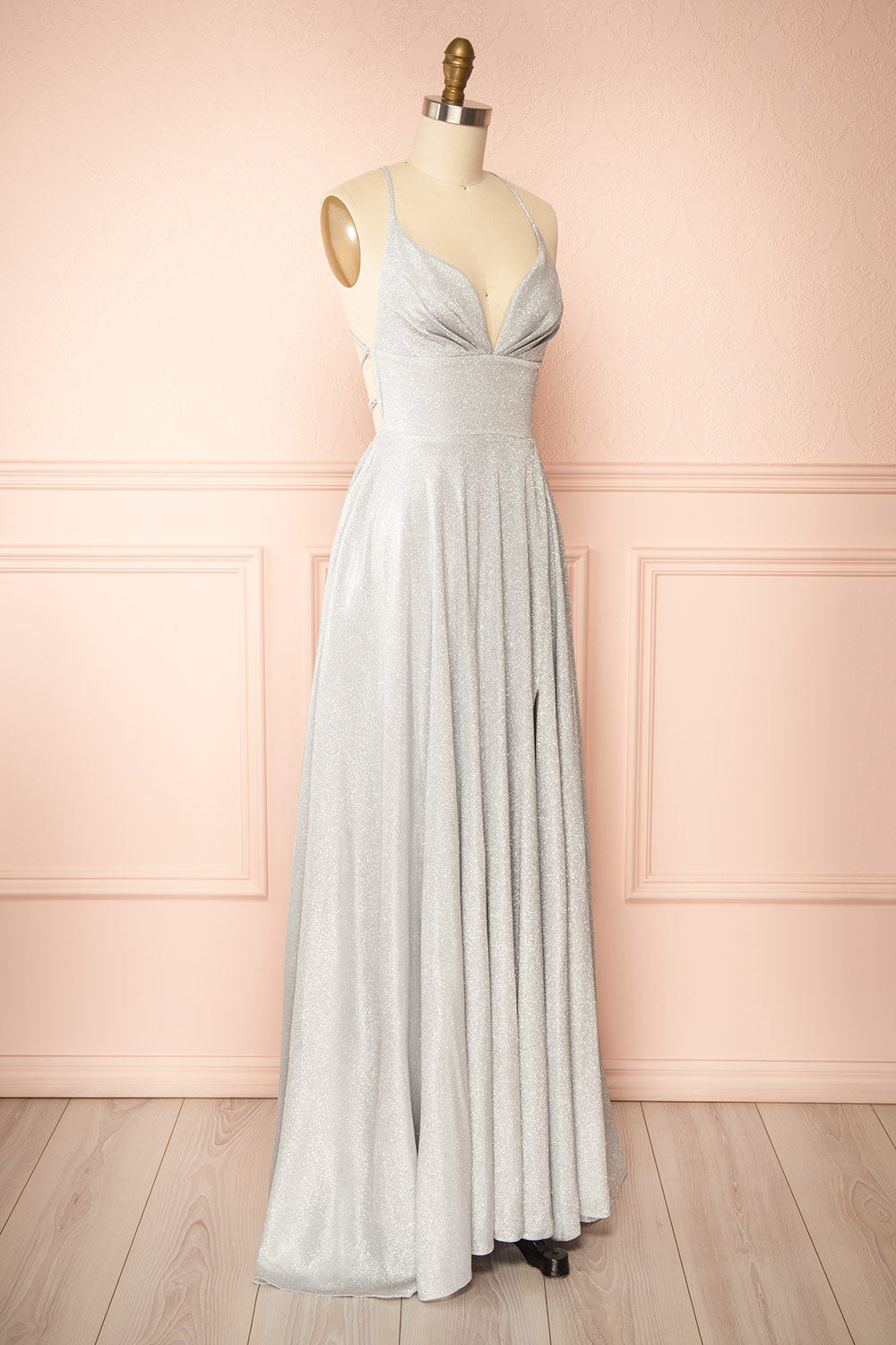 Ketia Silver Sparkly Maxi Dress w/ V-Neckline | Boutique 1861 side view