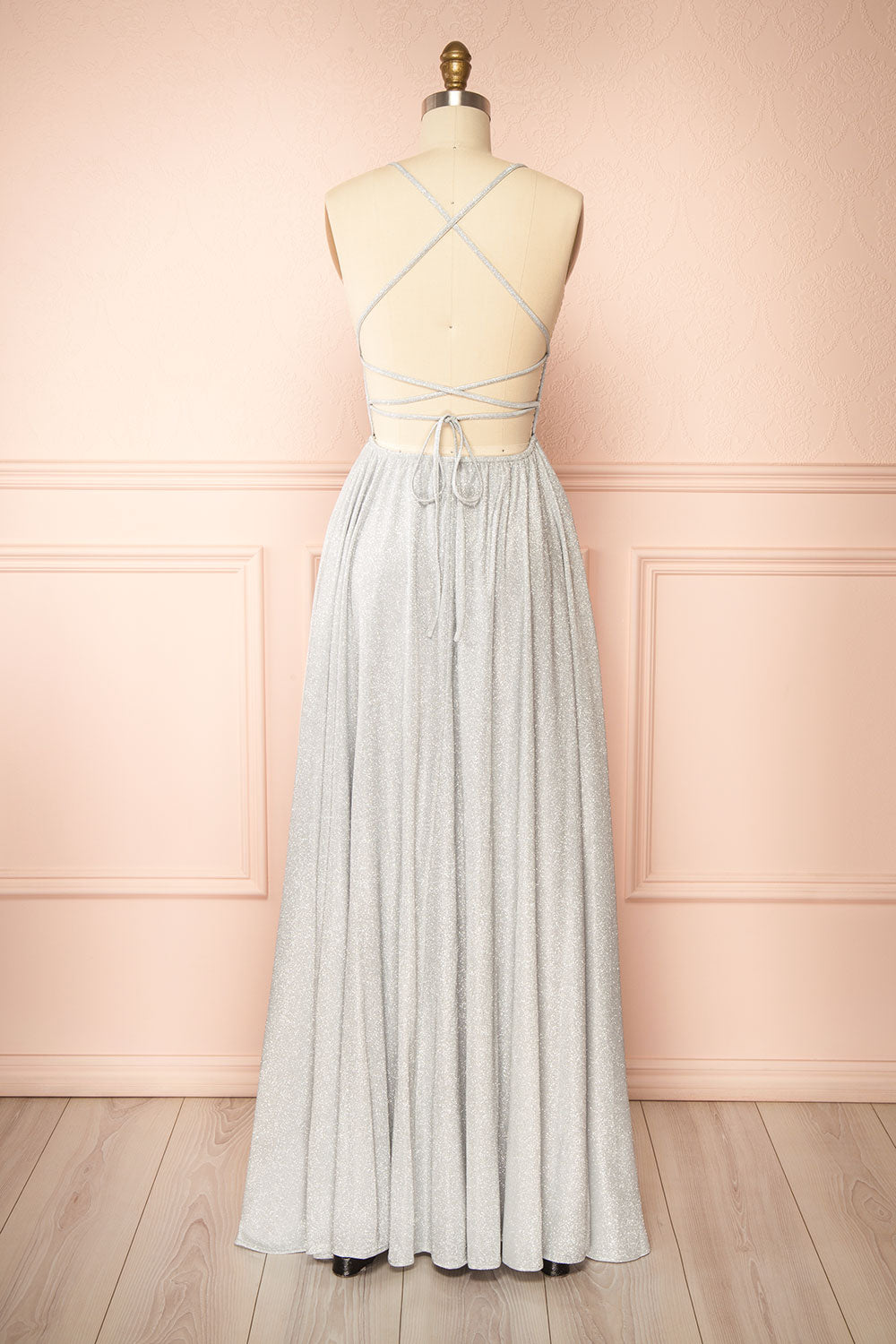 Ketia Silver Sparkly Maxi Dress w/ V-Neckline | Boutique 1861 back view