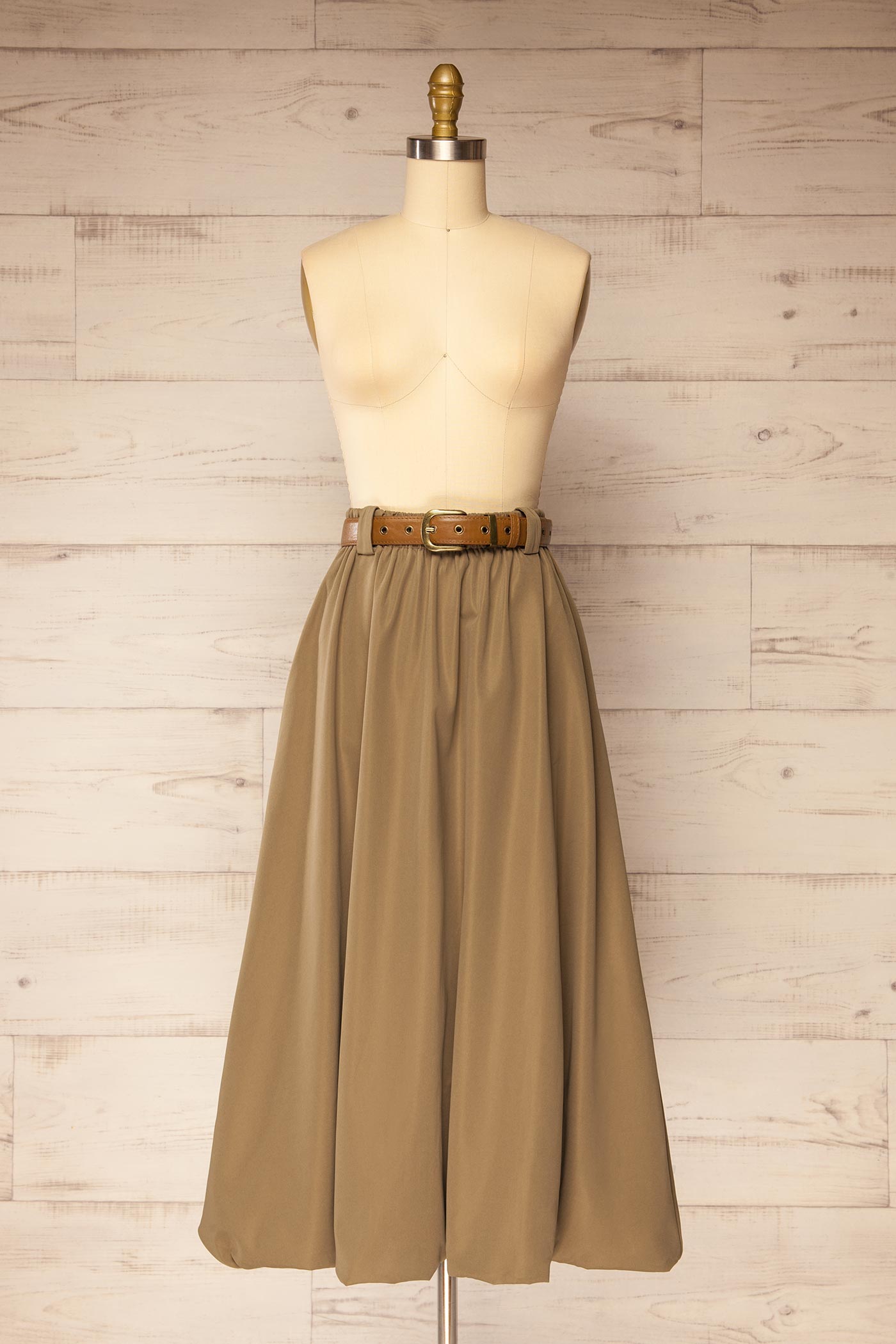 Khandwa Khaki Midi Skirt with Belt and Pockets | La petite garçonne front