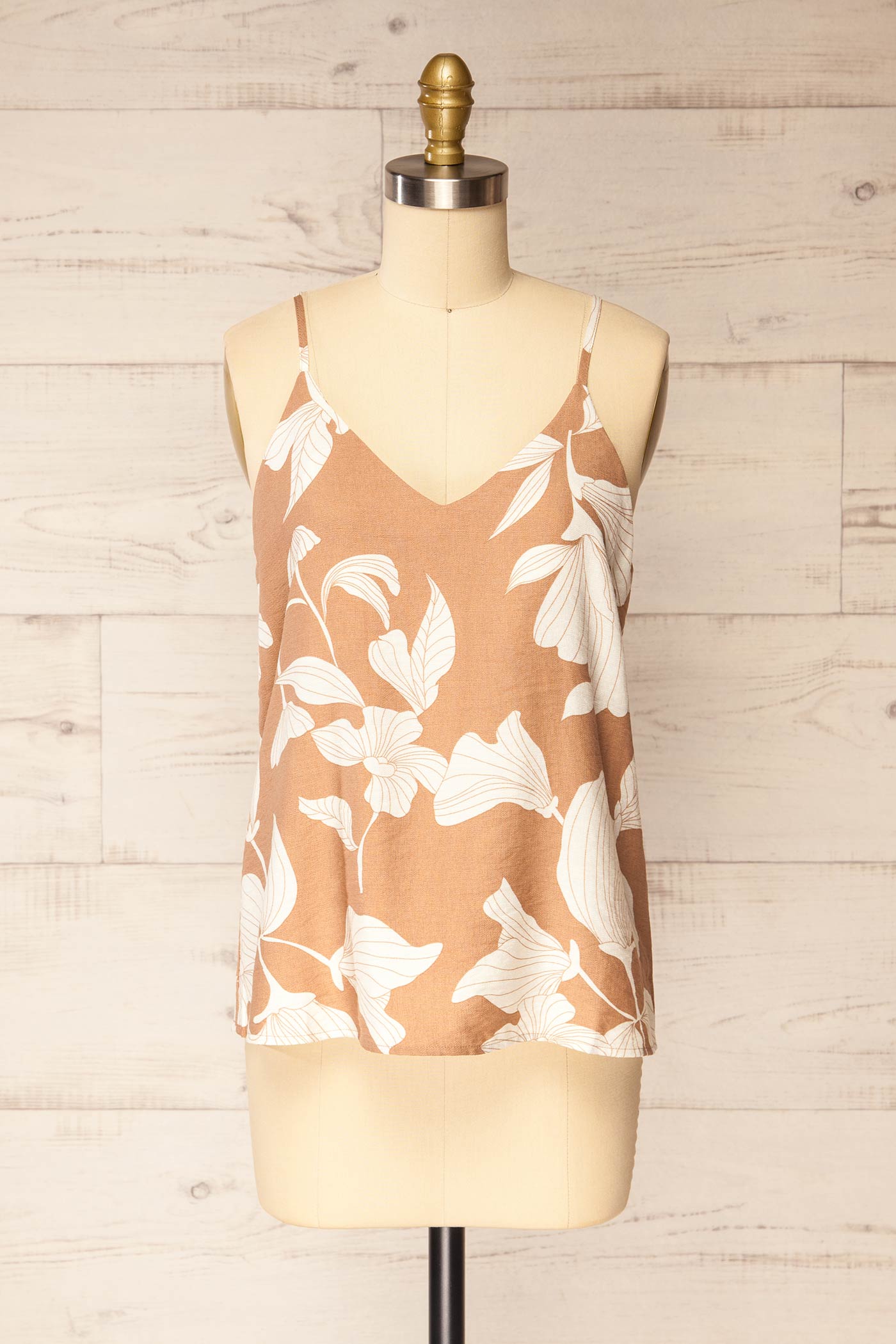 Khargone Beige V-Neck Cami Top with White Floral Print | La petite garçonne front