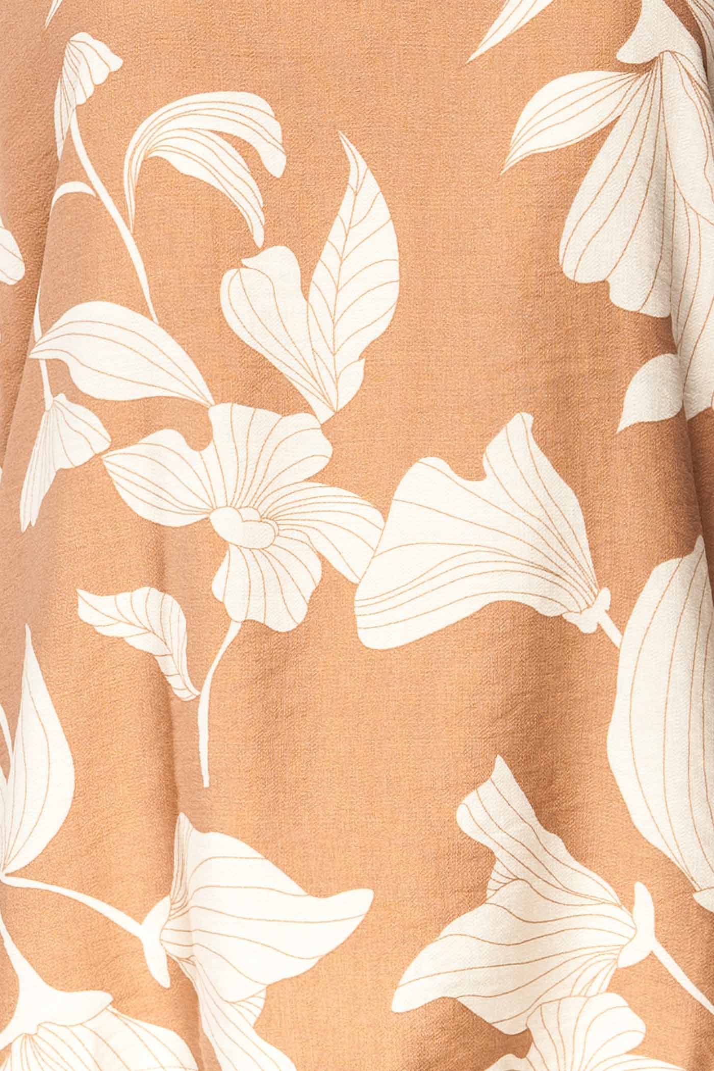 Mandla Beige Halter Open Back Maxi Dress with White Floral Print | La petite garçonne fabric