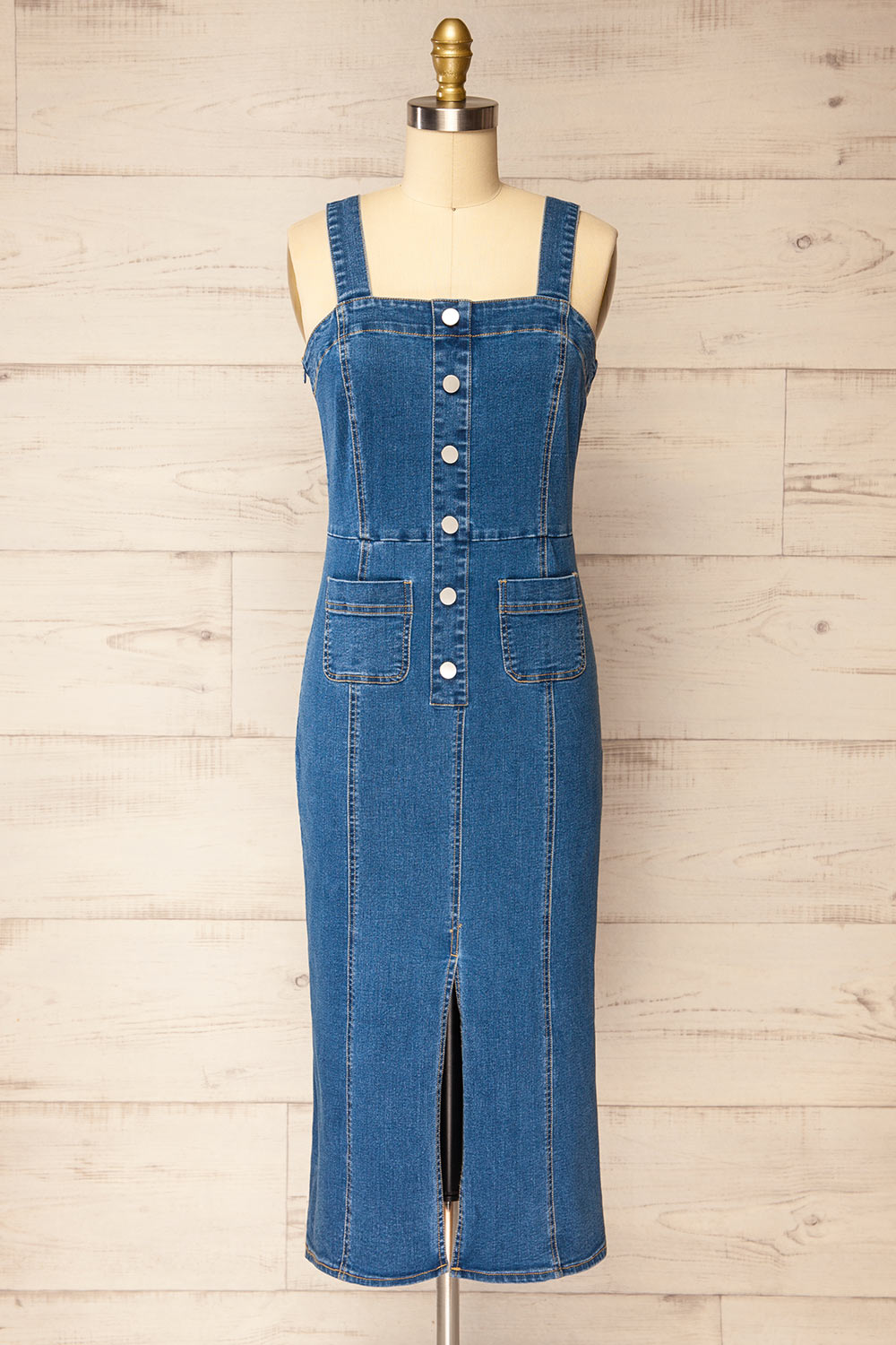 Khost Fitted Blue Denim Midi Dress | La petite garçonne front view