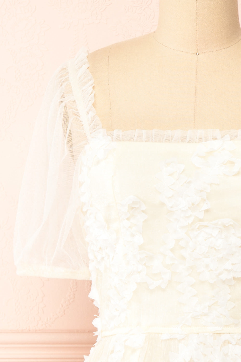 Kiera Short Ivory A-Line Dress w/ Floral Appliqué front close-up