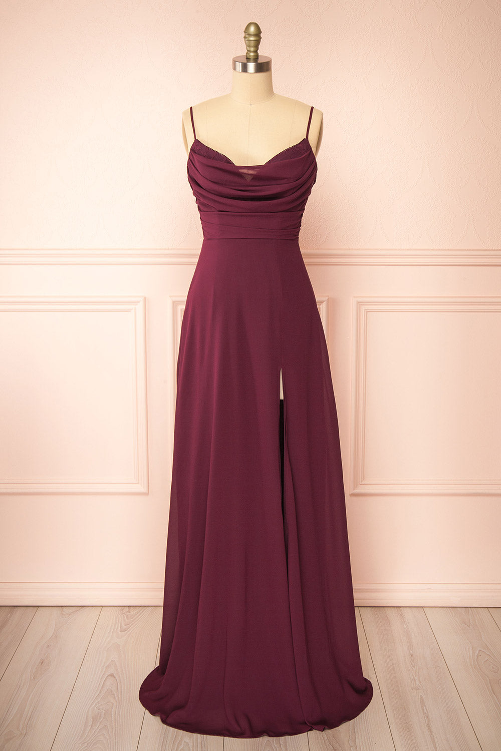 Kieran Burgundy A-Line Maxi Dress w/ Lace | Boutique 1861 front view