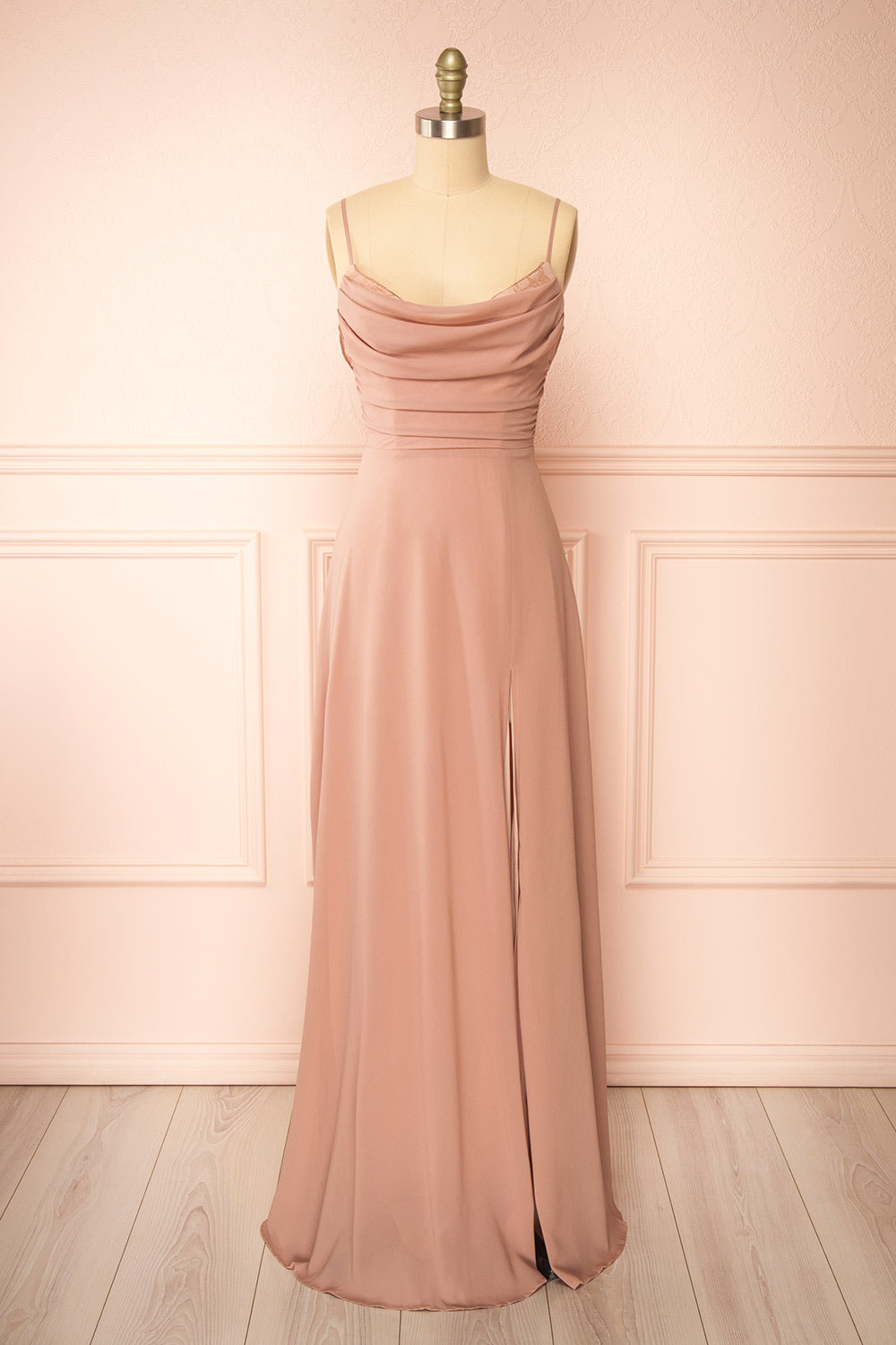 Kieran Taupe A-Line Maxi Dress w/ Lace | Boutique 1861 front view