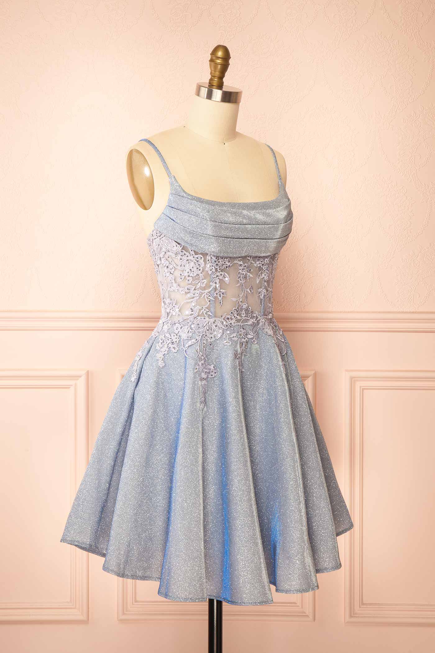 Kiliane Blue Sparkly Mini Dress with Sheer Corset | Boutique 1861 side