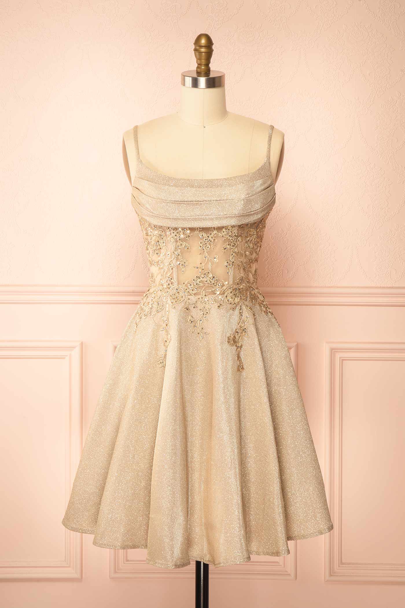 Kiliane Champagne Sparkly Mini Dress with Sheer Corset