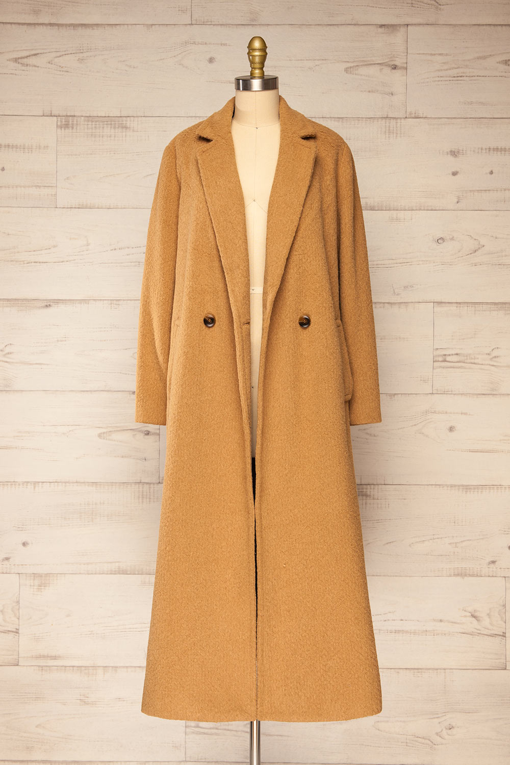 Kilmersdon Long Caramel Felt Coat | La petite garçonne open view