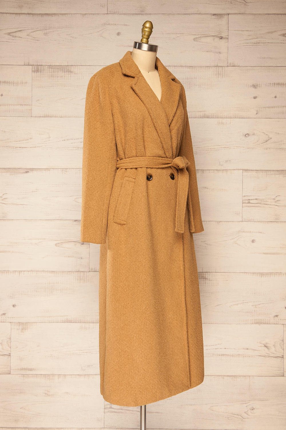Kilmersdon Long Caramel Felt Coat | La petite garçonne side view