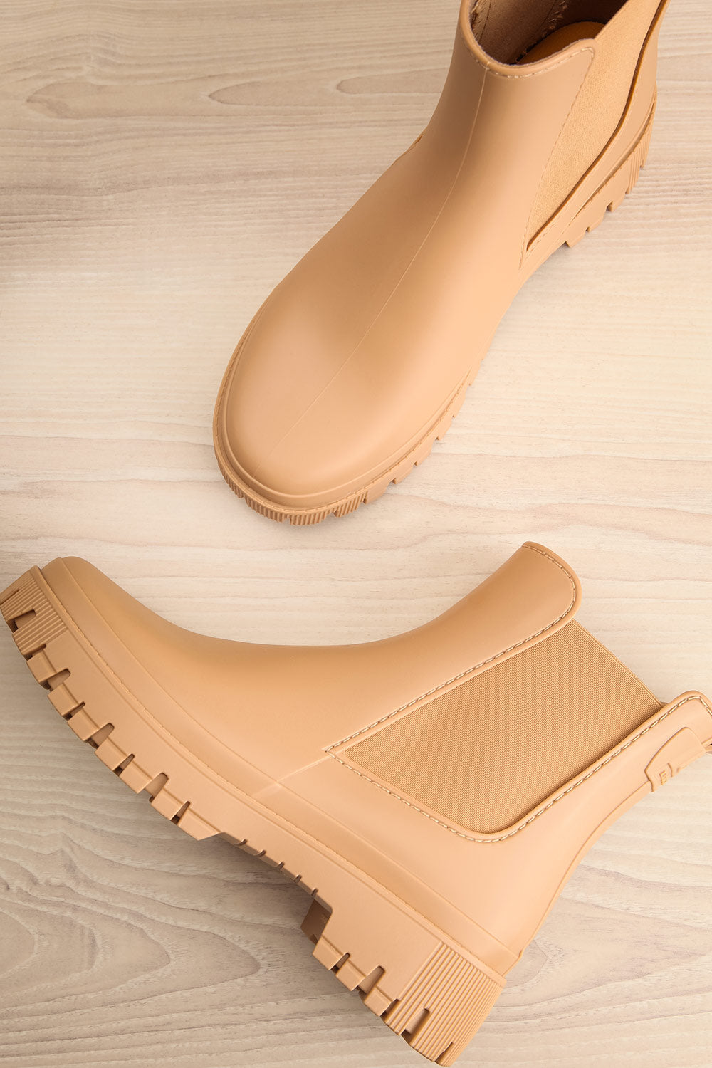 Kirby Beige Matte Lug Sole Rain Boots | La petite garçonne flat view
