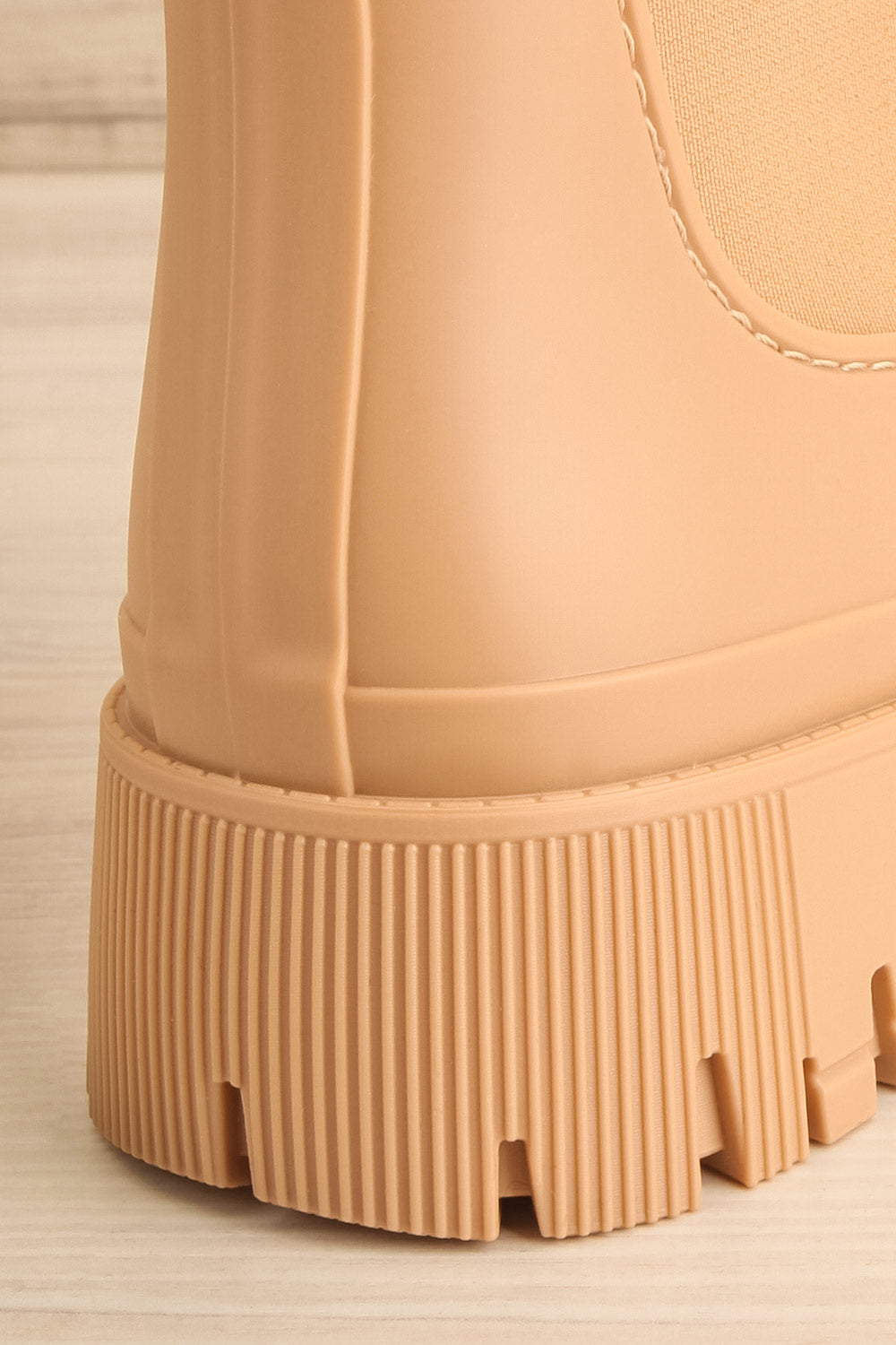 Kirby Beige Matte Lug Sole Rain Boots | La petite garçonne back bottom close-up